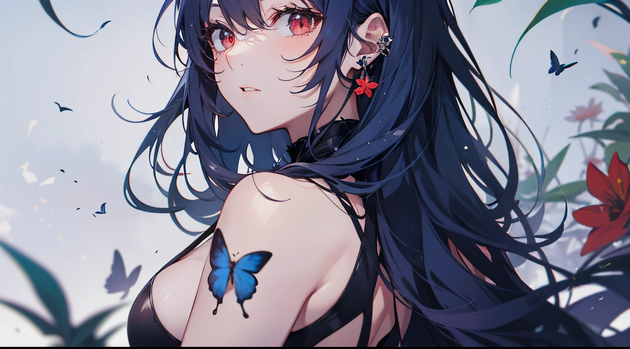 ((tmasterpiece:1.4, Best quality at best))+, (hyper-detailing)+, (exquisite red eye:1.5)+, (Detailed ears:1.5), (cute girls), (White undershirt,black long pants:1.5), Tight black silk, Very long hair, (red flower:1.2), pale-skinned, (red cloth:1.5), (Black Martin boots:1.4), town,There are dead trees around, ear nipple ring, dense fog,drifting snow, delicate legs, blue fluorescent butterfly,(warrior:1.1), (dawn light:1.2), ), (closeup cleavage:1.1), the only person, Hairbell, dardark blue hair, hair covering one eye, V-shaped eyebrows, Gloom (expressed), from back, from the above, Best quality at best, A high resolution, high detal, high high quality, 16k