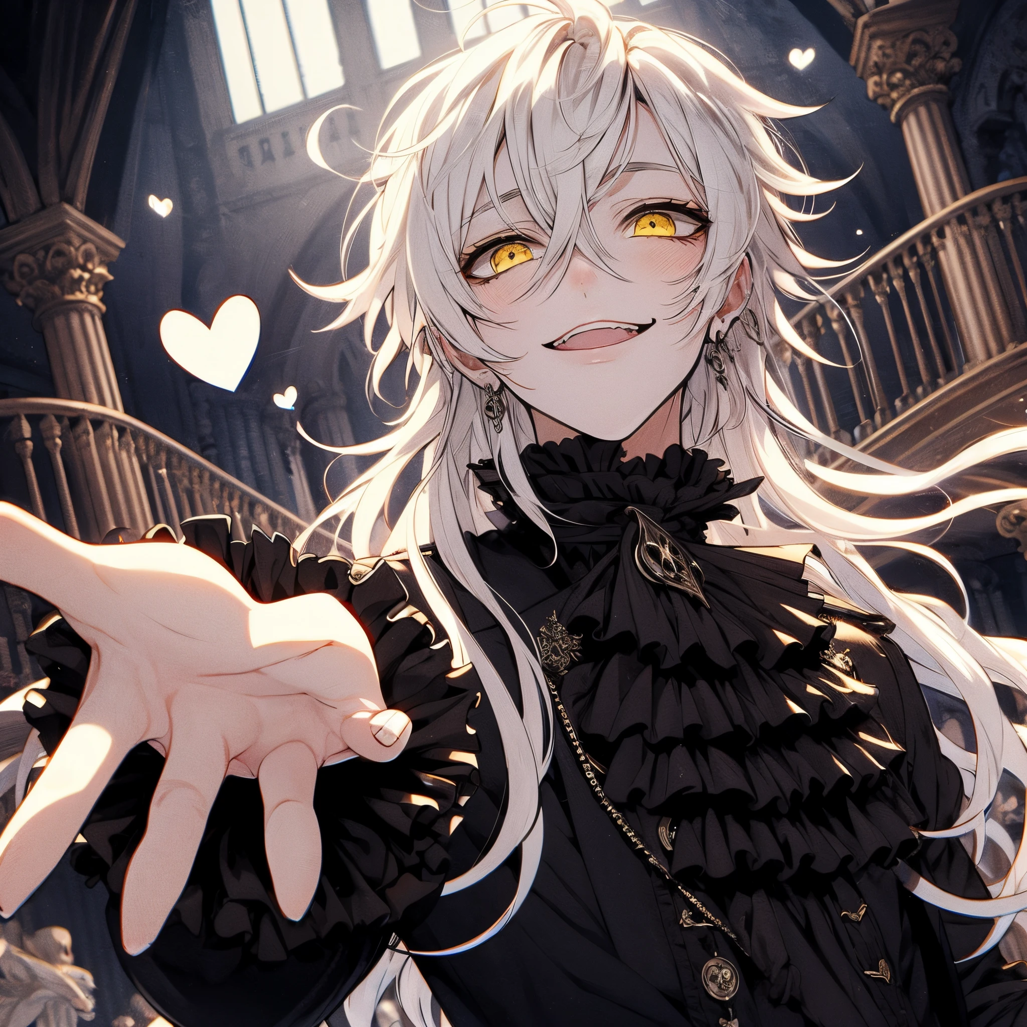 Throwing kisses, heart mark, Beautiful young man, White hair, Long hair, Yellow eyes, slanted eye, Ponytail, black stand up costume, frilld, gothic outfit, Evil smile, Overhead view, The background is a Gothic palace hall. High quality, amount of drawing, pixiv illustration