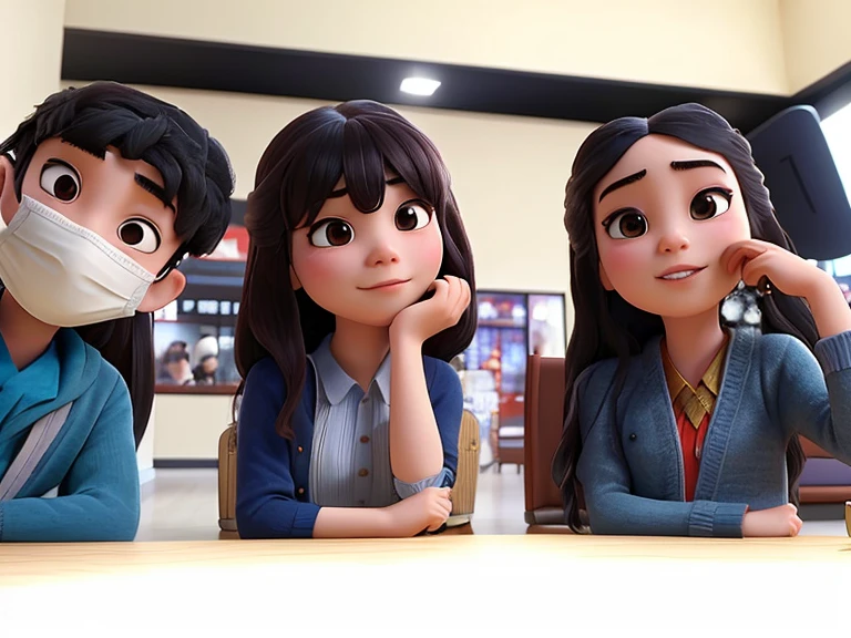 three people wearing masks and sitting at a table with their hands on their chins, 8k selfie photograph, profile pic, very very low quality picture, student, at a mall, in a mall, ruan jia and fenghua zhong, smooth in _ the background, xision wu, ruan jia and brom, wenfei ye, a picture