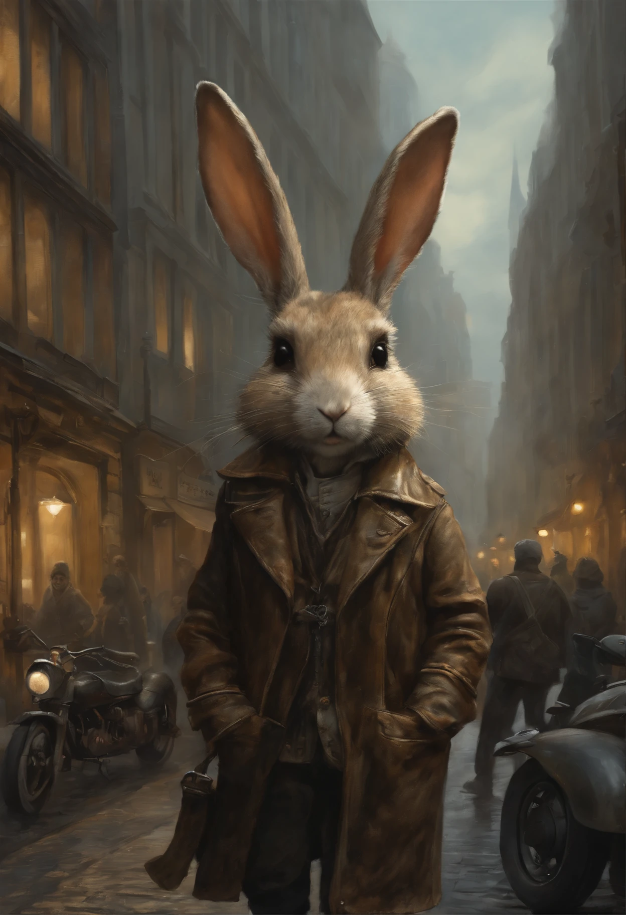 真实感, dark fantasy style, John Tolkien style, Small painting by Jean-Baptiste Monge, fluffy gopher girl with big breasts and big ears, looks like a bunny girl, In a short black leather jacket....., Jeans, Standing next to a motorcycle, The city, megalopolis, city trail, big house, glass skyscraperJean-Baptiste Monge, anthropomorphic --ar 2:3 --testp -optimistic;