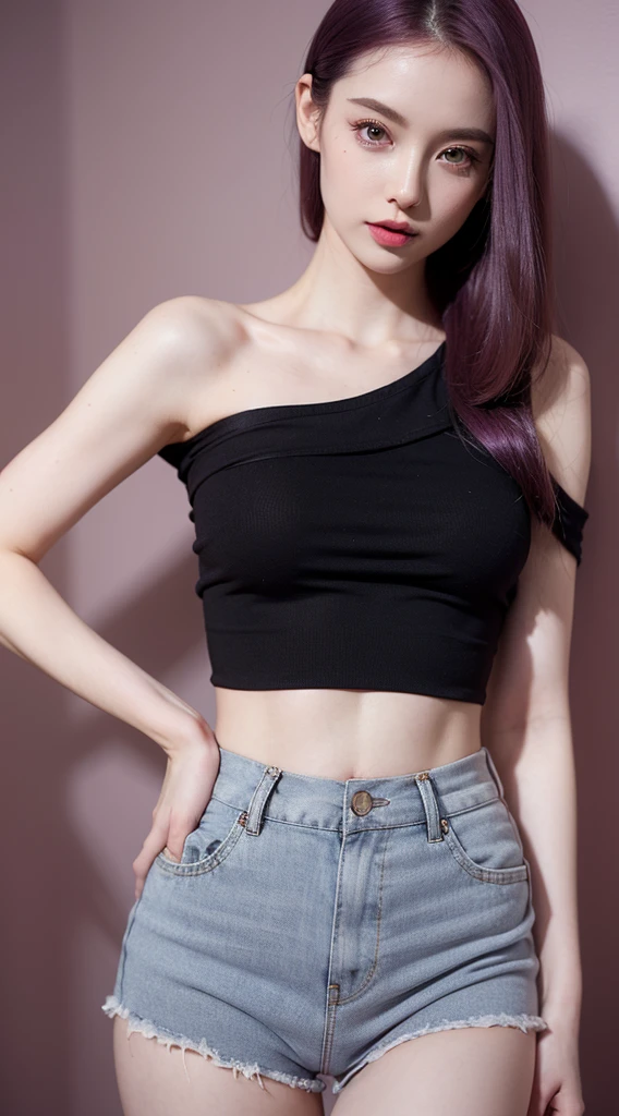 A beautiful woman standing, wearinfg ((black off shoulder crop top, hotpants)), pale skin, smooth pale skin, skin tune pink, perfect body, detailed body,((round big breast, small titts, big hips)), cute face, purple hair, super detailed, 8k