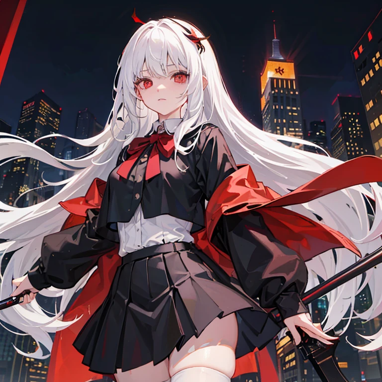 Masterpiece, red eyes, 1girl, white hair, Mafia, cold gaze, Under the rain, City at night, murder blood, Short black shirt, short skirt, black knee socks, Fire butterfly decoration on head to left, holding a gun