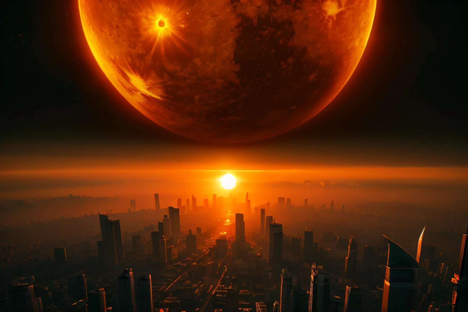 Giant Sun、８K、high-level image quality、sun approaching earth、Temperatures will rise and humans will no longer be able to live there、the sun is approaching、Realistic image、cities are disappearing、Scary image of the area、urgent、last of the earth、Hopeless future、impossible situation、、scienc、fiction、Scorching hell