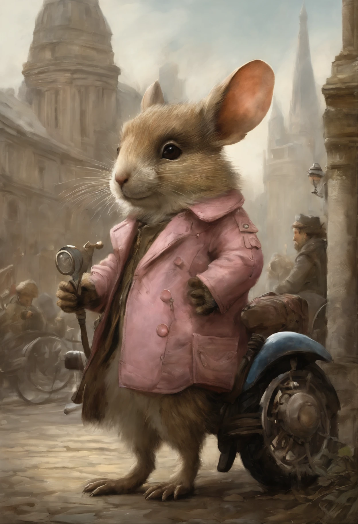 真实感, dark fantasy style, John Tolkien style, Small painting by Jean-Baptiste Monge, fluffy gopher girl with big breasts and big ears, looks like a gopher girl, In a short pink leather jacket....., Jeans, Standing next to a motorcycle, The city, megalopolis, city trail, big house, glass skyscraperJean-Baptiste Monge, anthropomorphic --ar 2:3 --testp -optimistic;