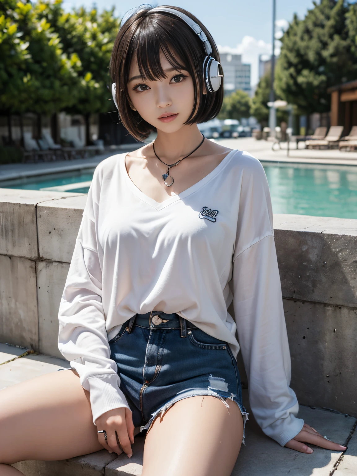 (​masterpiece、ultra-detailliert、8K、top-quality:1.5)、((Awesome))、Shorthair with bangs、Wearing a black hoodie、White mini skirt、smil、((Wear black headphones around your neck))、sitting on、Open legs、a park