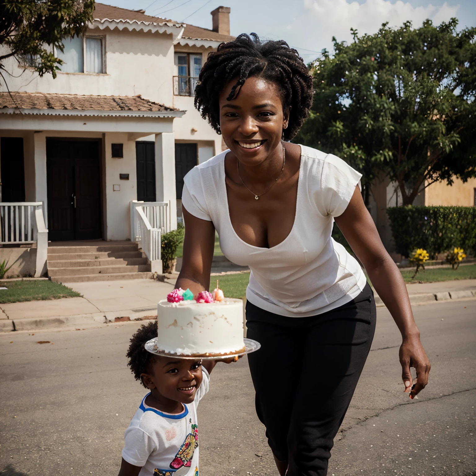 Black grandmother running her smiling little grandson who is stealing a cream cake written Doces Kalandula realistic image in a neighborhood in Angola