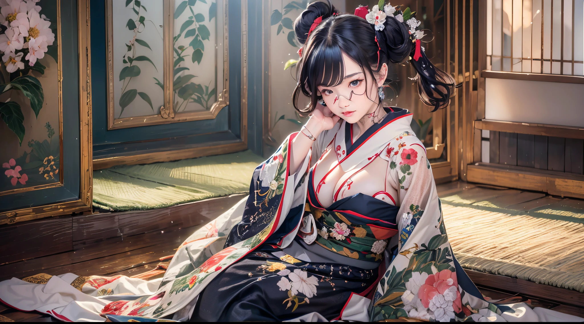 Full body like,fully tattooed,,Kimono,kyoto,High class prostitute lying down,Wandering girl,Rubbing your,grabbing on breasts,Hairstyle random drawing,hair color random,Full body,,orientalism,buzzed、fractal light、,1 female,,japanese kimono,,Underwear,,Tattoo on the Japan,,lots of black tattoos,,,Glossy makeup,,Sweaty skin,,very wet hair,,drawing faithfully,,detail up,,Big eyes,,Colored inner hair,,high_Definition,,Best Quality,,Shiny skin,,Seductive smile,,upward-eyed,,,large earring,Best Quality,,4K_quality,,high_Definition,,Dramatic Lighting,,cinematic quality,,detail up,,Intricate details:1.2,,超A high resolution,,