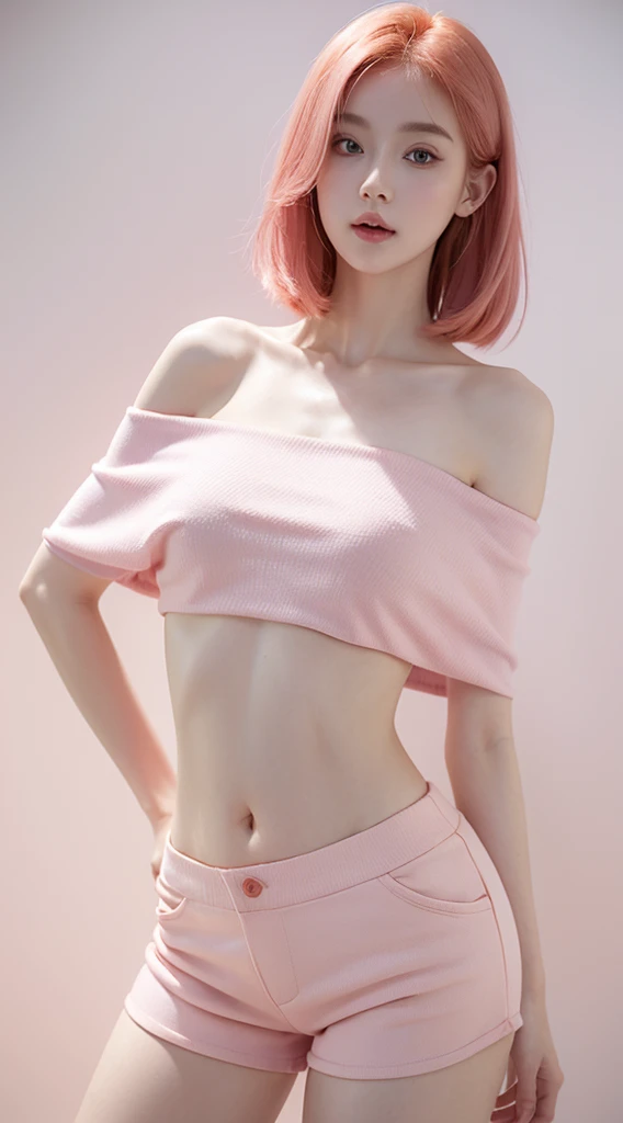 Incredibly beautiful Russian girl, ((Dasha Taran)), (young face:1.5), (18 years old), (((slim girl))), ((extreme anorexic slim body:1.5)), (long pink hair pulled back in a ponytail), ((Pink Hair)), thin, very thin, small hips, skinny hips, nice gap between legs, (tight gap), (long skinny legs:1.6), school girl, narrow cheekbones, narrow face, (((v-shaped face))), holding her hands behind her back, (Black slave choker), (revelaing pink latex long sleved crop top), (tight latex lace crop top), ((no panties showing shaved pussy:1.7)),((small shaved pussy)), (No panties:1.7), ((long black latex gloves)), big lips, evening makeup, (sexy), (small nipples), (small revealing breasts), bare hips, ((Nylon stockings above the knees)), (naked shaved pussy), facing camera, ((2/3 body picture)), (Croped photo), perfecteyes,  extreme detailed photo, High quality Photo, 8k, 