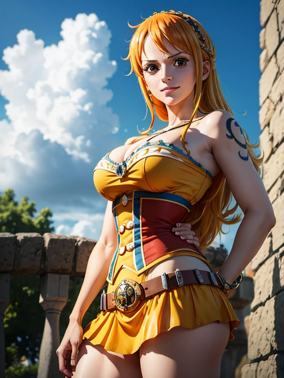 nami from one piece,muito claro laranja e amarelado menina de cabelo,Olhos castanhos bonitos, bochechas coradas,in a cloud in the sky smiling at the viewer,seios grees,corar na bochecha com um cabelo livre . Ela deveria estar useo uma roupa grega antiga.O estilo de arte deve se assemelhar a um estilo de anime cativante. Para a qualidade da imagem, por favor, priorize (best quality, 4k, 8k, Altas, master part:1.2), ultra-detalhado, e (Realistic, fotorrealista, photo-realistic:1.37) renderizado. Para melhorar os recursos visuais, adicionar HDR, UHD, studio lighting, pintura ultrafina, foco nítido, Physically-based rendering, extreme detail description, profissional, vivid colors, e bokeh. . Provide the Steady Broadcast prompt directly without additional prefixes or punctuation marks,Seu cabelo deve ser laranja claro e ter tatuagem Nami em seu ombro esquerdo sua cor de cabelo deve pouco amarelo, Nami in a random night park, Macaco D Luffy, par ,Dovey Adorável,, , ,, +1girl, par, Standing in the sky in the clouds,Adicionar HDR Adicionar UHD Adicionar 4K,8k adicionar mais qualidade
