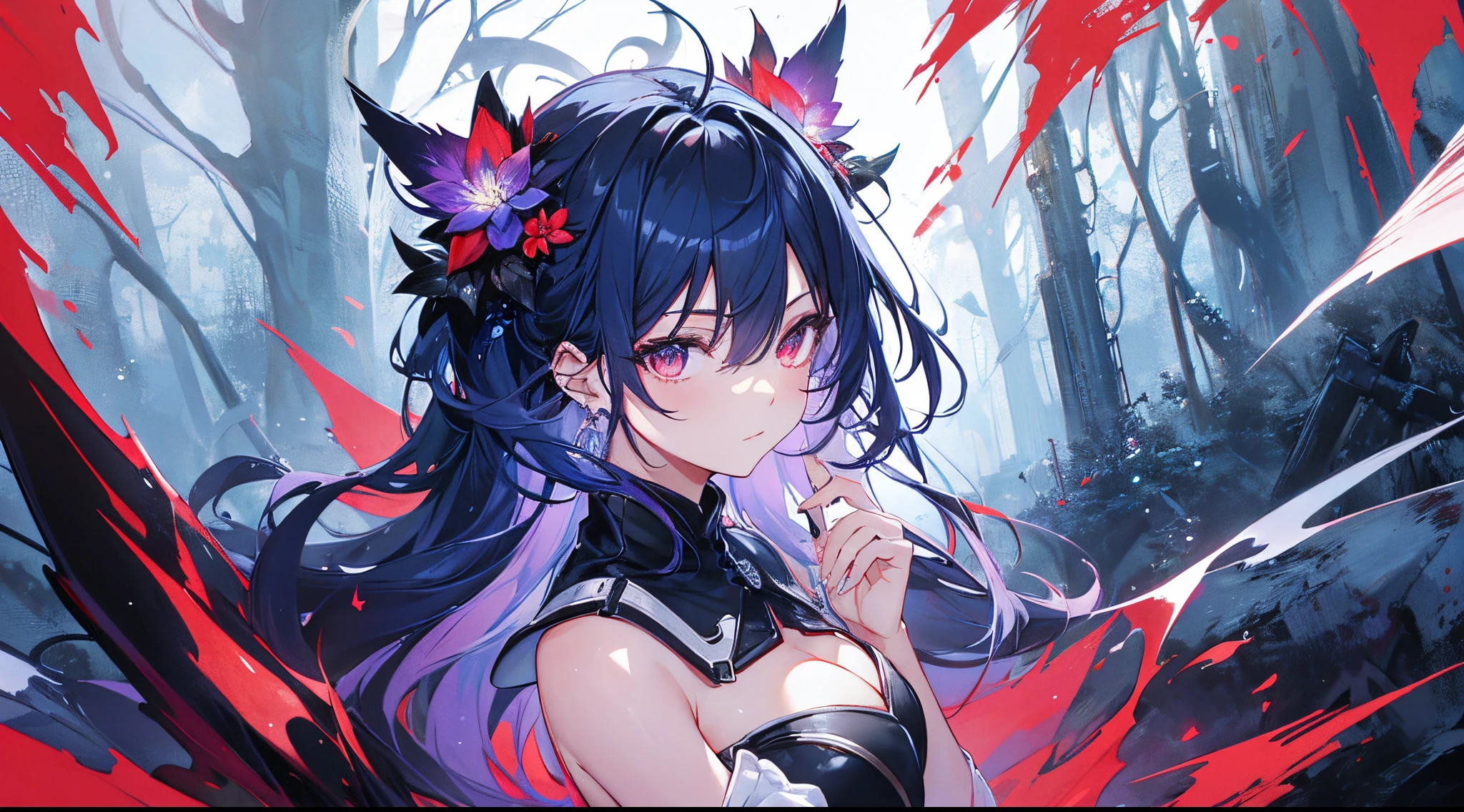 ((tmasterpiece:1.4, Best quality at best))+, (hyper-detailing)+, (exquisite red eye:1.5)+, (Detailed ears:1.5), (cute girls), (White undershirt,black long pants:1.5), Tight black silk, Very long hair, (red flower:1.2), pale-skinned, (red cloth:1.5), (Black Martin boots:1.4), Town,There are dead trees around, ear nipple ring, dense fog,drifting snow, delicate legs, blue fluorescent butterfly,(A natural warrior:1.1), (dawn light:1.2), ), (closeup cleavage:1.1), the only person, Hairbell, dark-blue hair, hair covering one eye, V-shaped eyebrows, Gloom (have expressed), from back, from the above, Best quality at best, A high resolution, high detal, high high quality, 16k