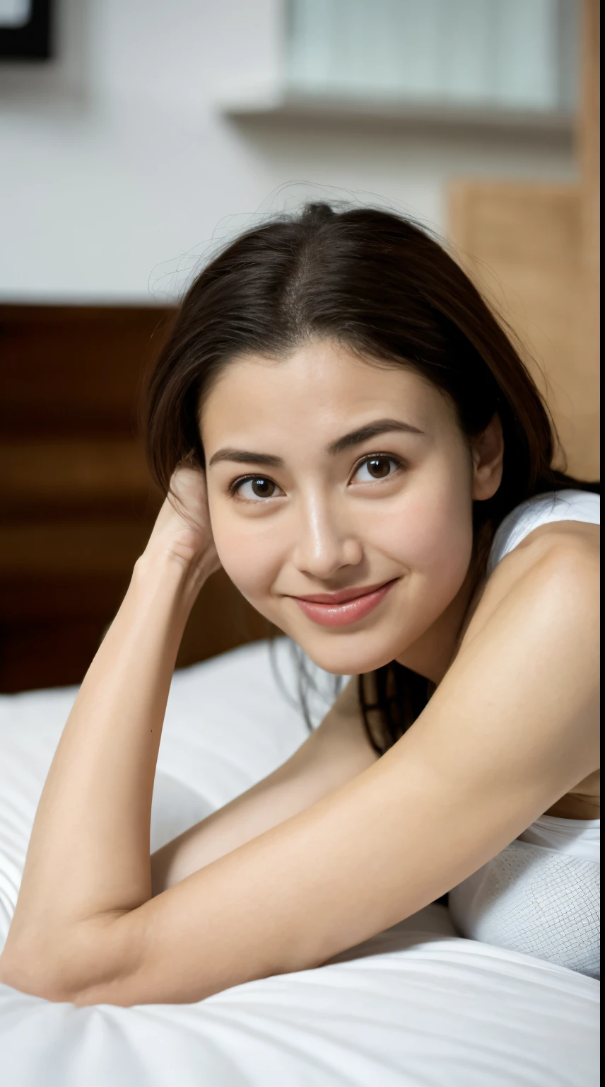 18 years old woman,Very plump,own, In the lovely bed , pillow head, (Nice face, Detailed faces, High quality textured skin, On a table, 16k, Best quality, strength), lay on back:2.0, both arms, Exposing armpits, Wear and tear, Thick lines and high legs, Expose yours, sink into mouth, minola sandwich dough, ShapeMinora Visible Shape, with her mouth open, Lazy look, looking at me, elongated, sweaty smile,the shy