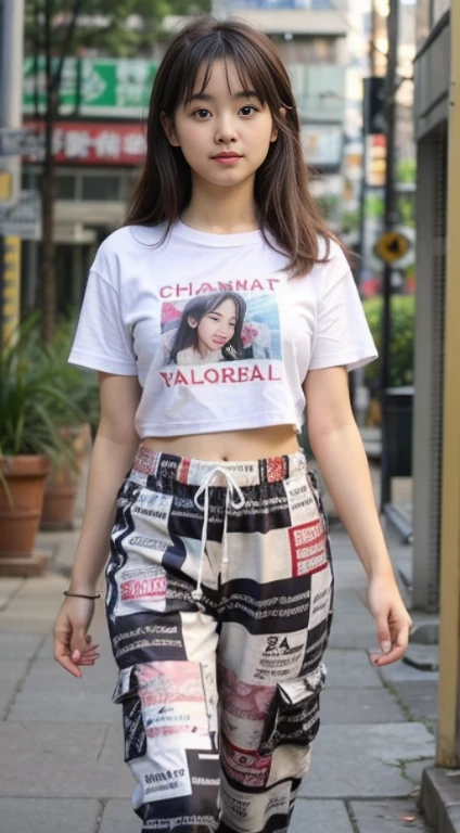 ((bestquality, 10, masterpiece: 1.3)), Fat Body Beauty: 1.4, Chinese Beauty, busty: 1.6, Rounded thighs: 1.6, long-haired, Highly detailed face and skin texture, delicate eyes, 二重まぶた, round face, thin lips, smile, Rich shape, Fair-skinned, (T-shirt with message"Chiang Mod pants, trousers: 1.6), standing pose, Sitting posture, round glasses, (Random environment, in the city,Street Market,Tokyo Metropolitan Area,japan,),