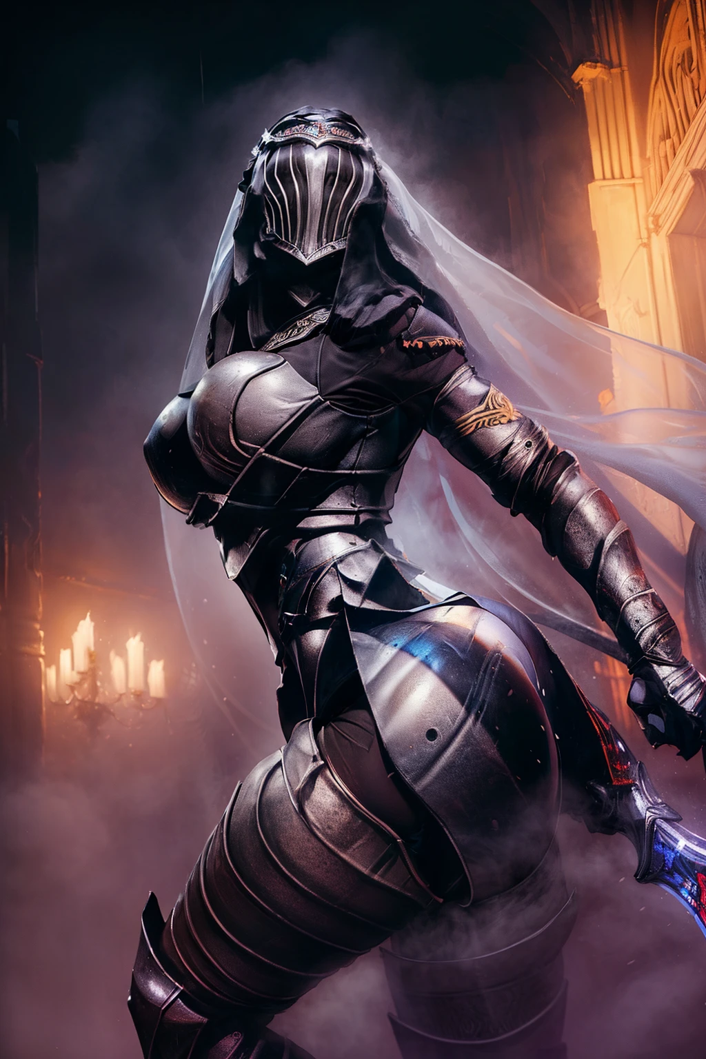 (nsfw, 8k, Top-quality, Masterpiece, Super high resolution, Realistic, Cinematic:1.2), 1girl, solo, fullbody viewer, helm, silver, knight, twin sword, pantyhose, blue veil, hair ornament, big boobs, big ass, Thick thighs, The ultimate beautiful lady knight, snow