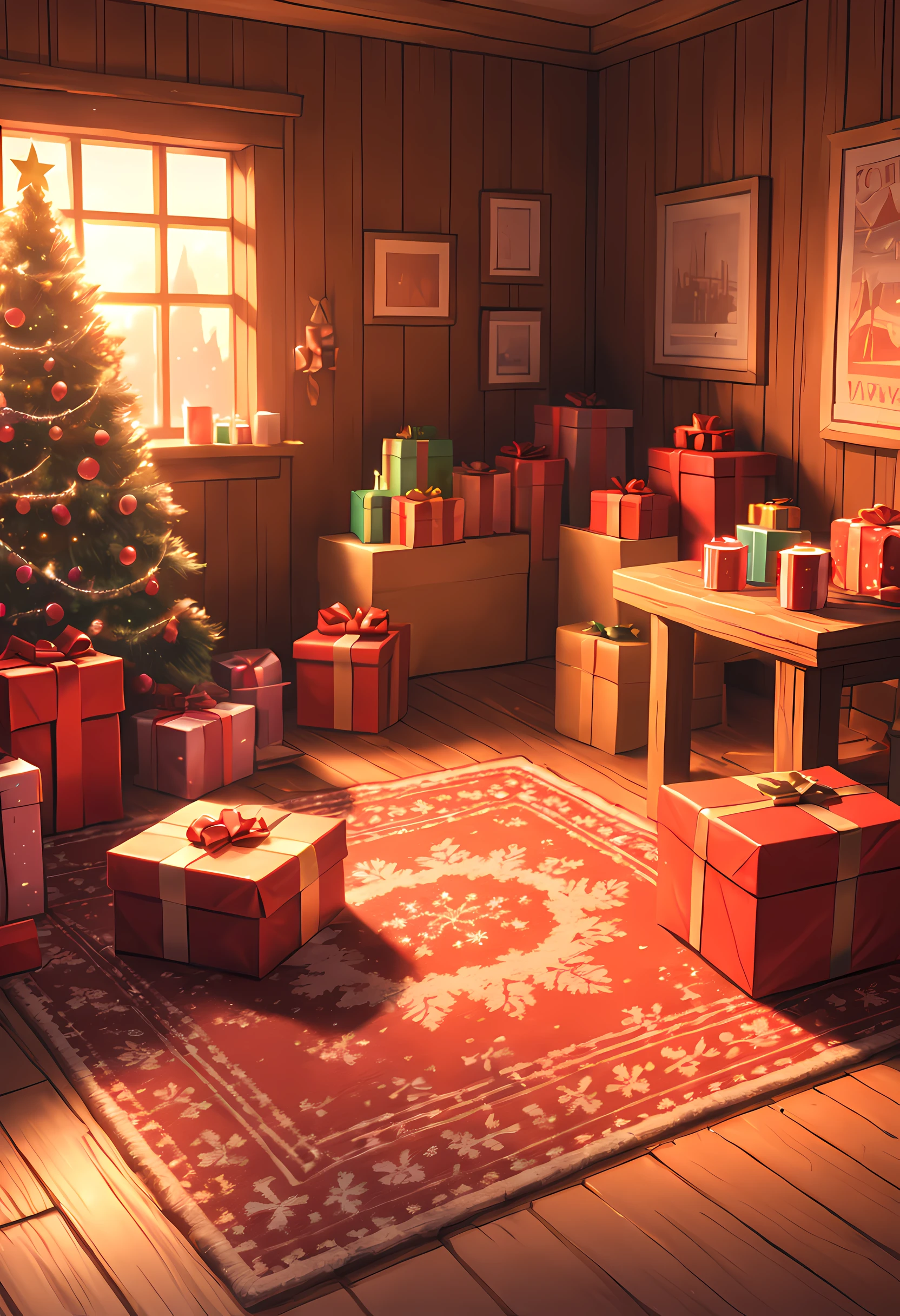 indoor, Christmas, 1 christmas tree, (((hot chocolate))), Night, desk, bookshelf, rug, 1 fireplace, (Warm Light), wooden walls, wooden floors, ((((gift wrappers on floor, scraps on floor, unwrapped gifts)))), (((close up, steam from hot chocolate))), ((((pixel art)))), depth of field, god rays, ray tracing, reflection light, Futurism, UHD, accurate, ((((masterpiece))))