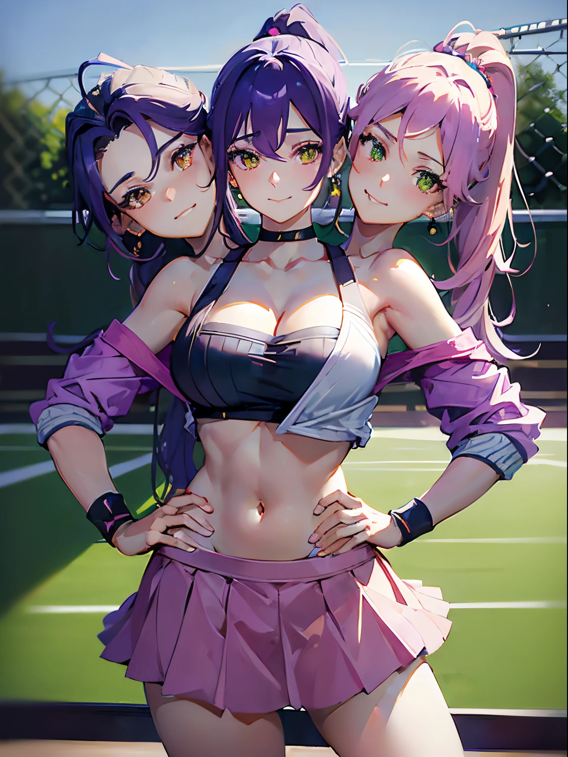 (masterpiece, best quality), best resolution, (3heads:1.5), 1girl, purple hair, ponytail, perfect anatomy, heads positioned close together equally on chest, untied hair, green eyes, orange eyes, right head's mouth closed, left head's mouth open, casual, talking to viewer, happy, blue jacket, pink skirt,, one hand on hip, outdoor tennis court