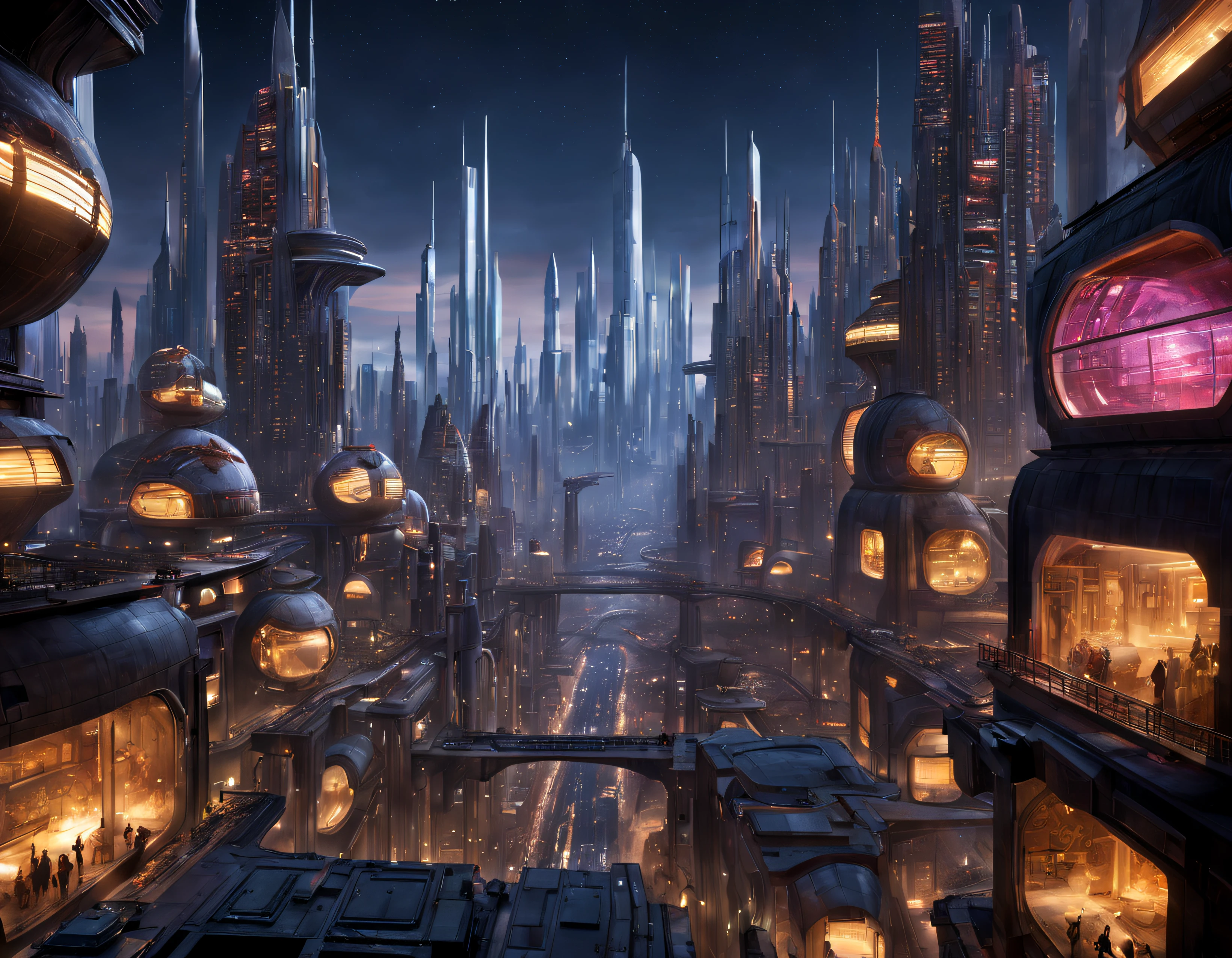 (The city of Coruscant from Star Wars as designed by Doug Chiang), futuristic fantasy city with immense buildings of technological design (que forman una avenida infinita), edificios compactor no difuminados con aspecto metalico, luces en ventanas en edificios, iluminacion diurna con sol, con estructuras acristaladas espectaculares, (con colores vivos). pavimento ensolado (sin brillo). gente paseando. imagen bien definida con muchos edificios juntos. imagen nitida bien definida 8k. los edificios llegan alta el fondo.,8k. imagen cinematografica