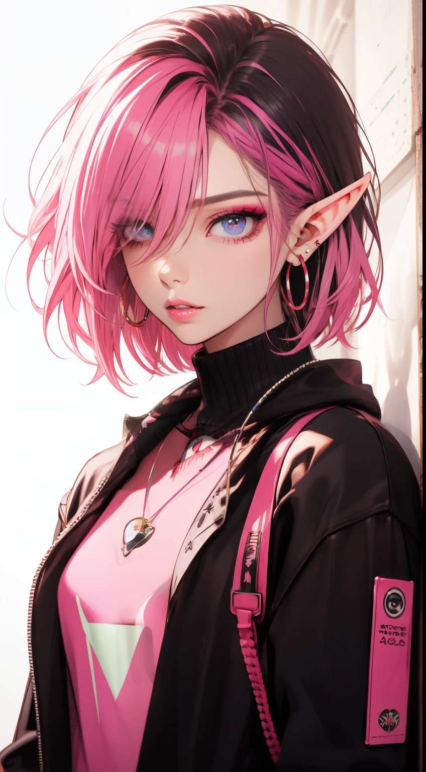 Niji Style, (elf), 1girl, solo, looking at viewer, blue eyeackground, white background, jewelry, parted lips, jacket, upper body, pink hair, earrings, pink eyes, necklace, dynamic poses, sweater, lips, eyelashes, makeup, Bob cut hair, parted bangs, (hair over one eye), piercing, lipstick, ear piercing, eyeshadow, hoop earrings, pink lips, multicolored eyes, pink theme, pink eyeshadow, artstation by Artgerm, by Kawacy, By Yusuke Murata,