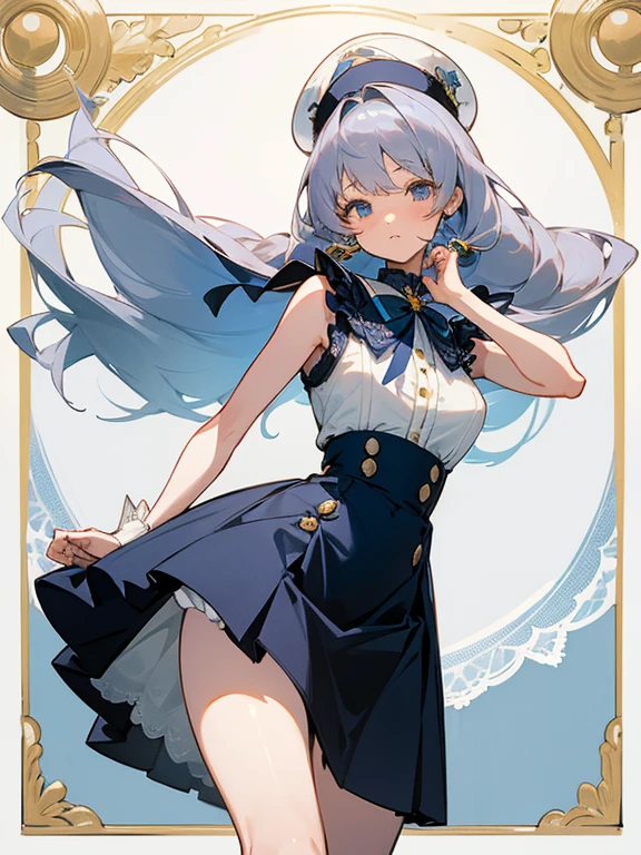 Portrait of a girl with long silver hair、Sleeveless, High collar white button front shirt、Large ribbon、Dark blue large cameo with golden border and white female silhouette、Navy blue high waist flared miniskirt with bustier、Underskirt full of white lace、White socks above the knee、Bursting smile、Redness of the cheeks