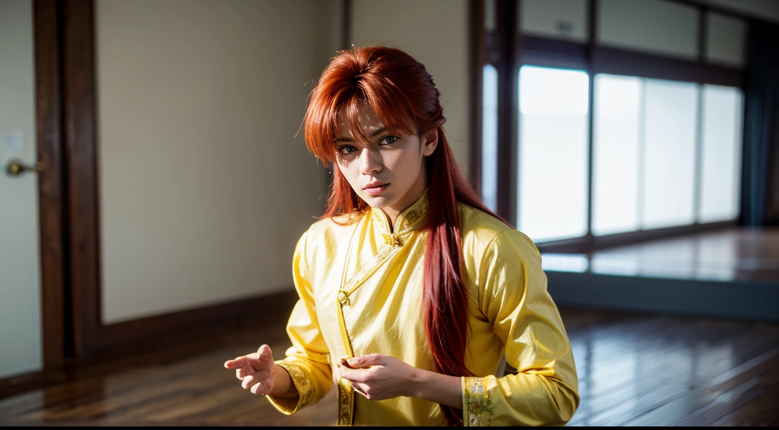 kurama, kurama, long hair, red hair, bangs, (green eyes:1.5), (retro artstyle:1.5), 1990s \(style\), BREAK long sleeves, pants, chinese clothes, white pants, (yellow shirt:1.5), (white sleeves:1.5), (pelvic curtain:1.2), sash, sleeveless shirt, BREAK indoors, BREAK looking at viewer, cowboy shot, BREAK (masterpiece:1.2), best quality, high resolution, unity 8k wallpaper, (illustration:0.8), (beautiful detailed eyes:1.6), extremely detailed face, perfect lighting, extremely detailed CG, (perfect hands, perfect anatomy),