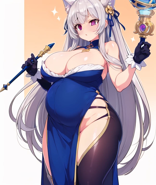 anime girl with long white hair holding a wand and a crystal ball, curvy, mighty plump female sorceress, fullbody commission for, knights of zodiac girl, commission for high res, white haired deity, thicc, she is holding a long staff, anime catgirl, portrait knights of zodiac girl, oppai, lunar goddess, pregnant, carrying triplets, pelvic curtain, large breasts, covered nipples, thigh gap, sexy outfit, bimbo