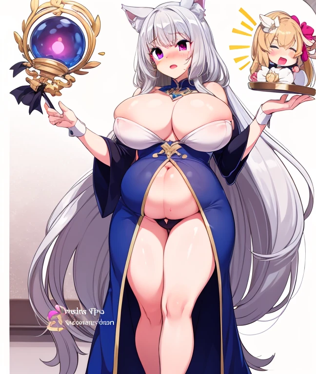 anime girl with long white hair holding a wand and a crystal ball, curvy, mighty plump female sorceress, fullbody commission for, knights of zodiac girl, commission for high res, white haired deity, thicc, she is holding a long staff, anime catgirl, portrait knights of zodiac girl, oppai, lunar goddess, pregnant, carrying triplets, pelvic curtain, large breasts, covered nipples, thigh gap, sexy outfit, bimbo