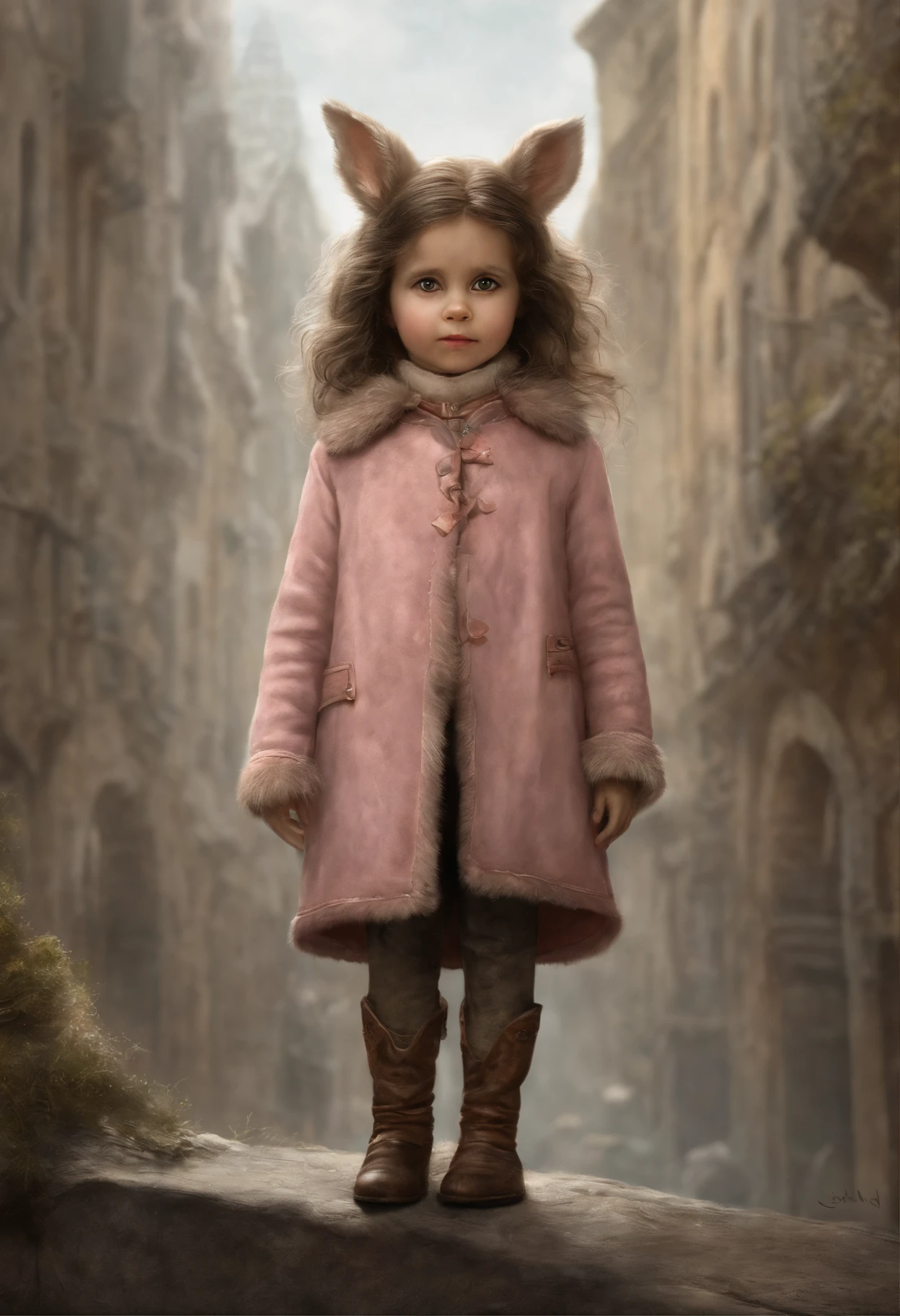 真实感, dark fantasy style, John Tolkien style, Small painting by Jean-Baptiste Monge, fluffy gopher girl with big breasts and big ears, Looks like a girl, Long wavy dark hair, Hair develops in the wind, In a short pink leather sheepskin coat, stern look, sneer, ....., Jeans, Standing next to a motorcycle, The city, megalopolis, city trail, big house, glass skyscraperJean-Baptiste Monge, anthropomorphic --ar 2:3 --testp -optimistic;