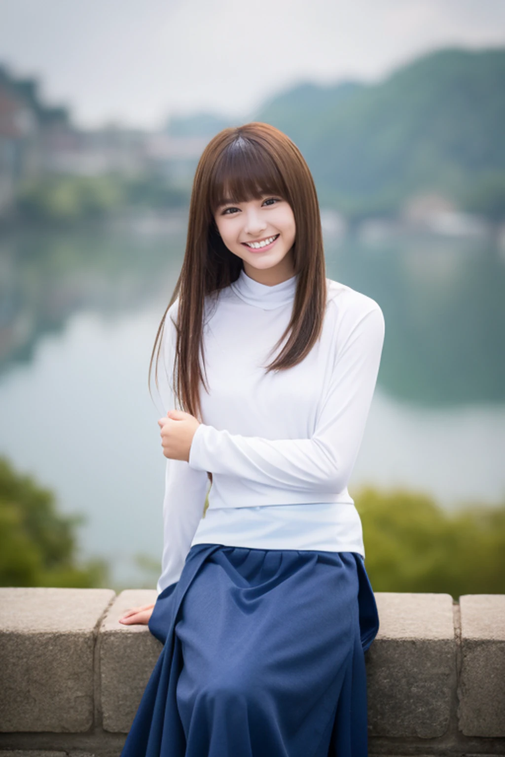 (kind to everyone:1.5)、(happily laughing:1.2)、(A teenage girl with a dazzling smile)、(Beautiful teeth alignment、Long bangs:1.2)、8K、Raw photo、Background bokeh、(Long sleeves in calm colors、long skirt :1.5)