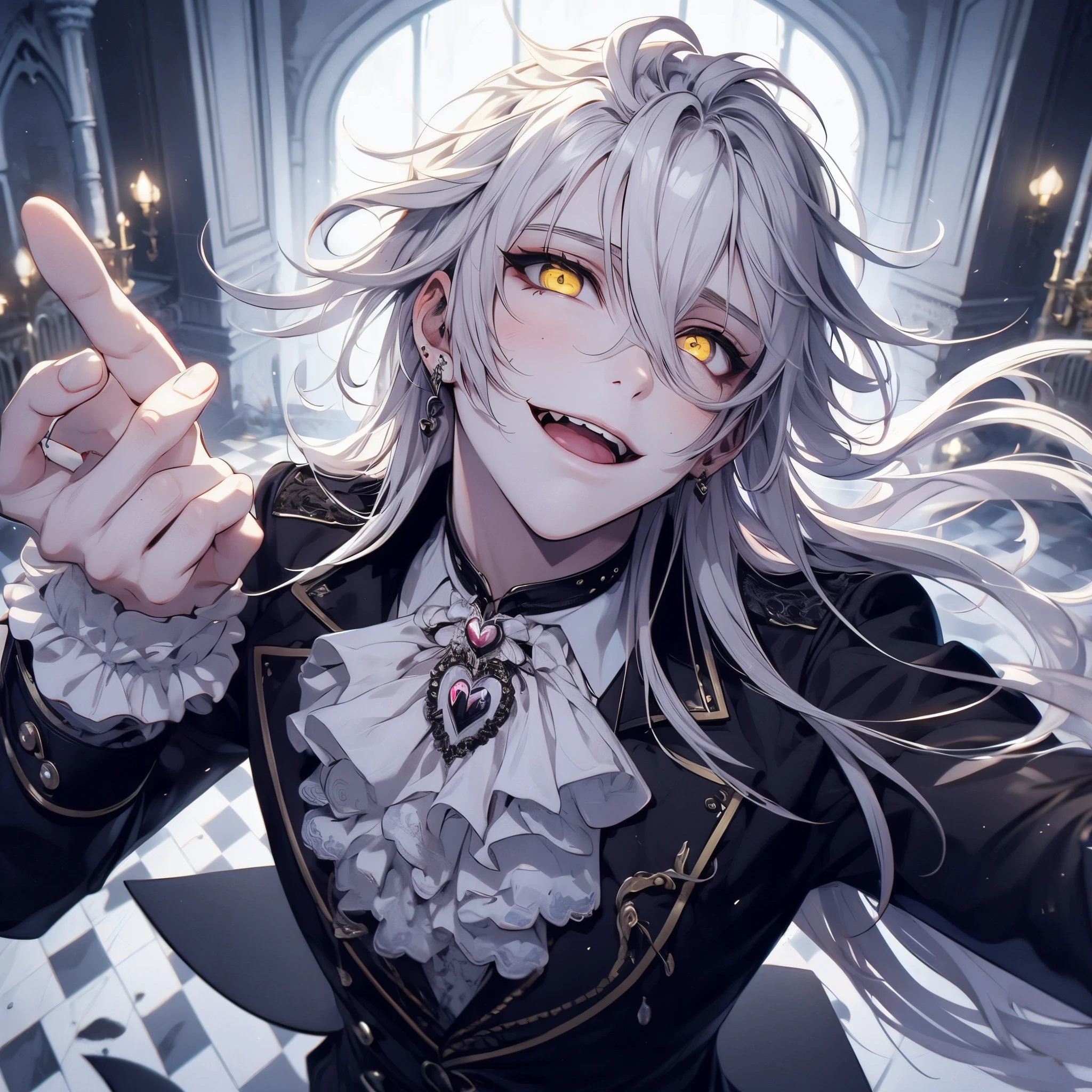 Throwing kisses, heart mark, Beautiful young man, White hair, Long hair, Yellow eyes, slanted eye, Ponytail, black stand up costume, frilld, gothic outfit, Evil smile, Overhead view, The background is a Gothic palace hall. High quality, amount of drawing, pixiv illustration
