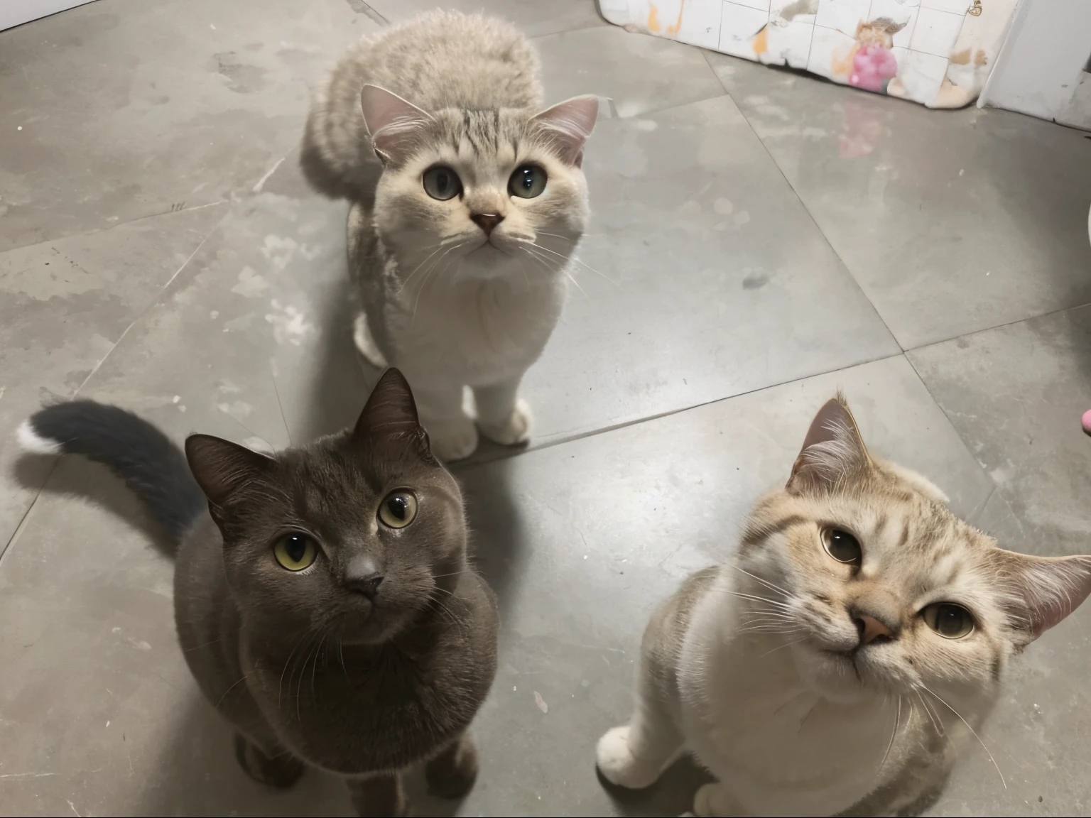There are three cats in the photo, I need you to cartoonize them, please don't change their colors