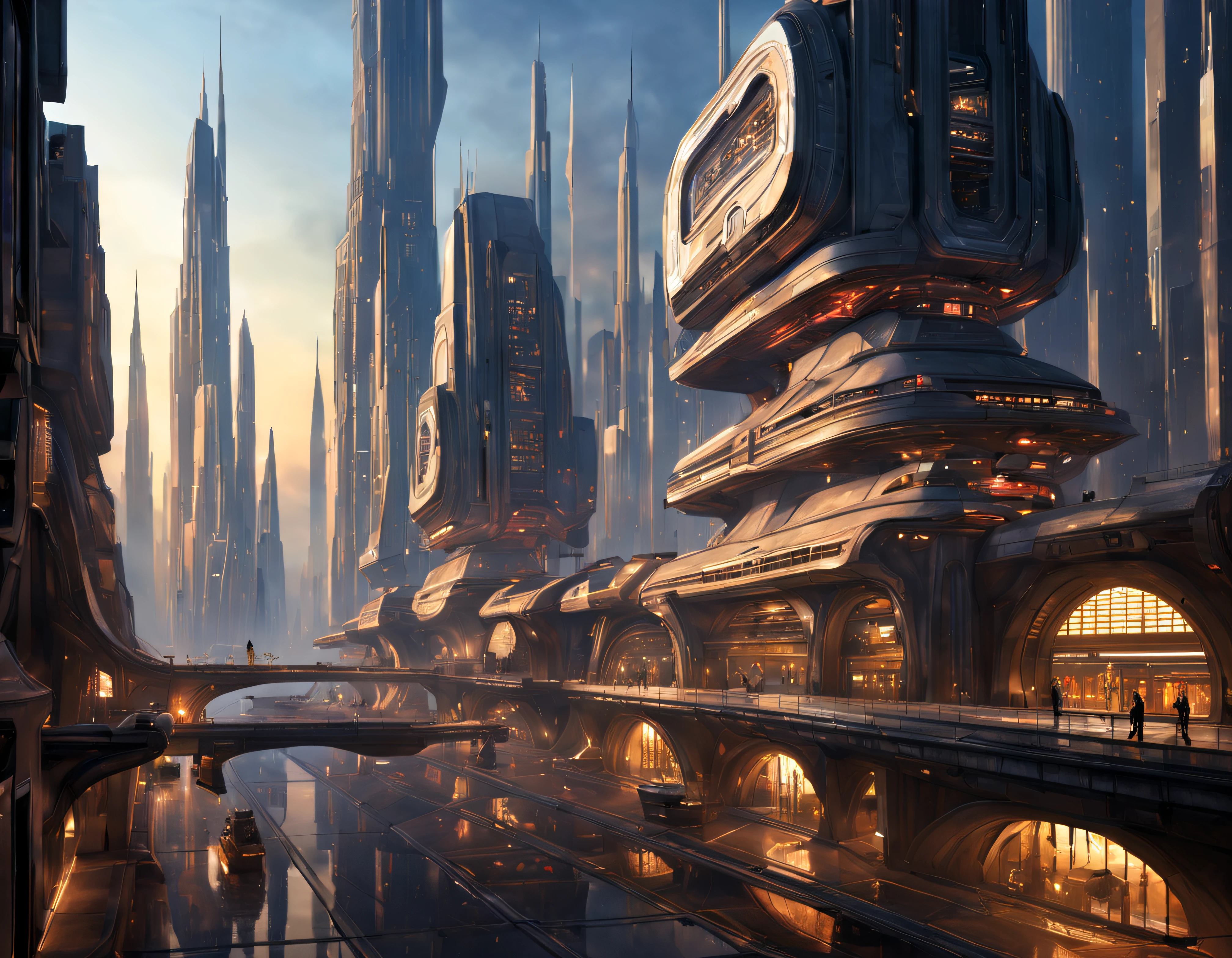 (The city of Coruscant from Star Wars as designed by Doug Chiang), futuristic fantasy city with immense buildings of technological design (que forman una avenida infinita), edificios compactor no difuminados con aspecto metalico, luces en ventanas en edificios, iluminacion diurna con sol, con estructuras acristaladas espectaculares, (con colores vivos). pavimento ensolado (sin brillo). gente paseando. imagen bien definida con muchos edificios juntos. imagen nitida bien definida 8k. los edificios llegan alta el fondo.,8k. imagen cinematografica