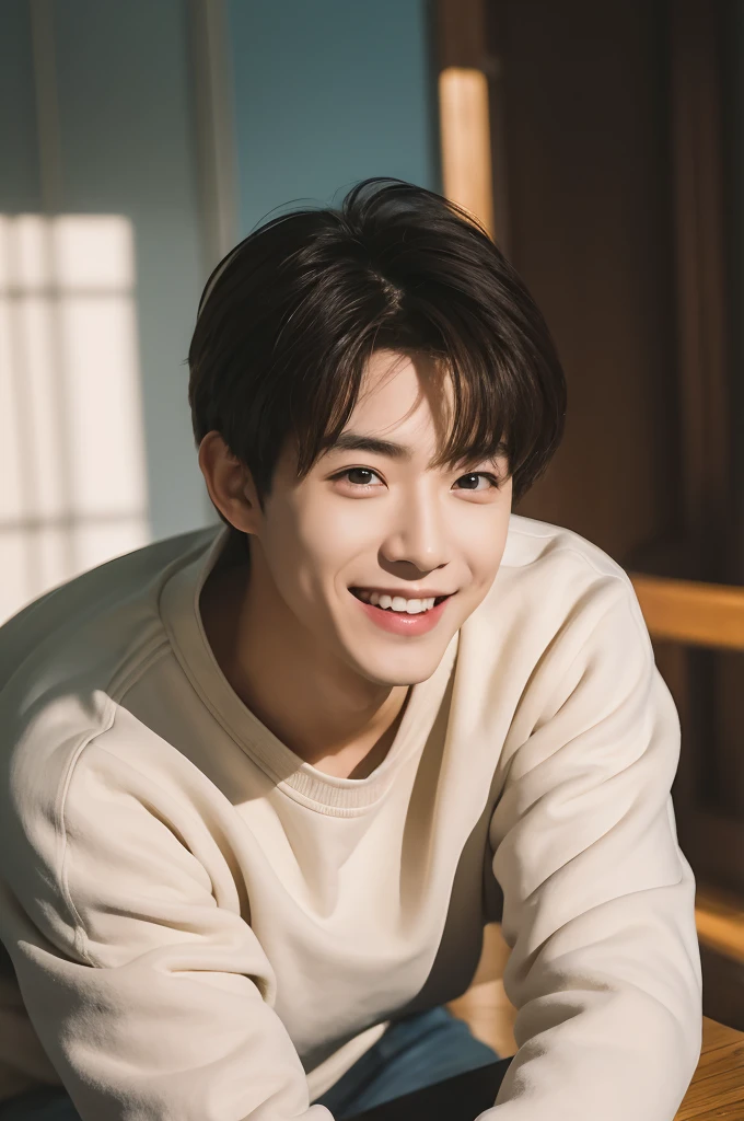 Sweatshirt,attractive man,Live action photos,Handsome and sunny,Charming smile,(SLR effect,真实感,8K,Hyper-detailing,Absolute realism)