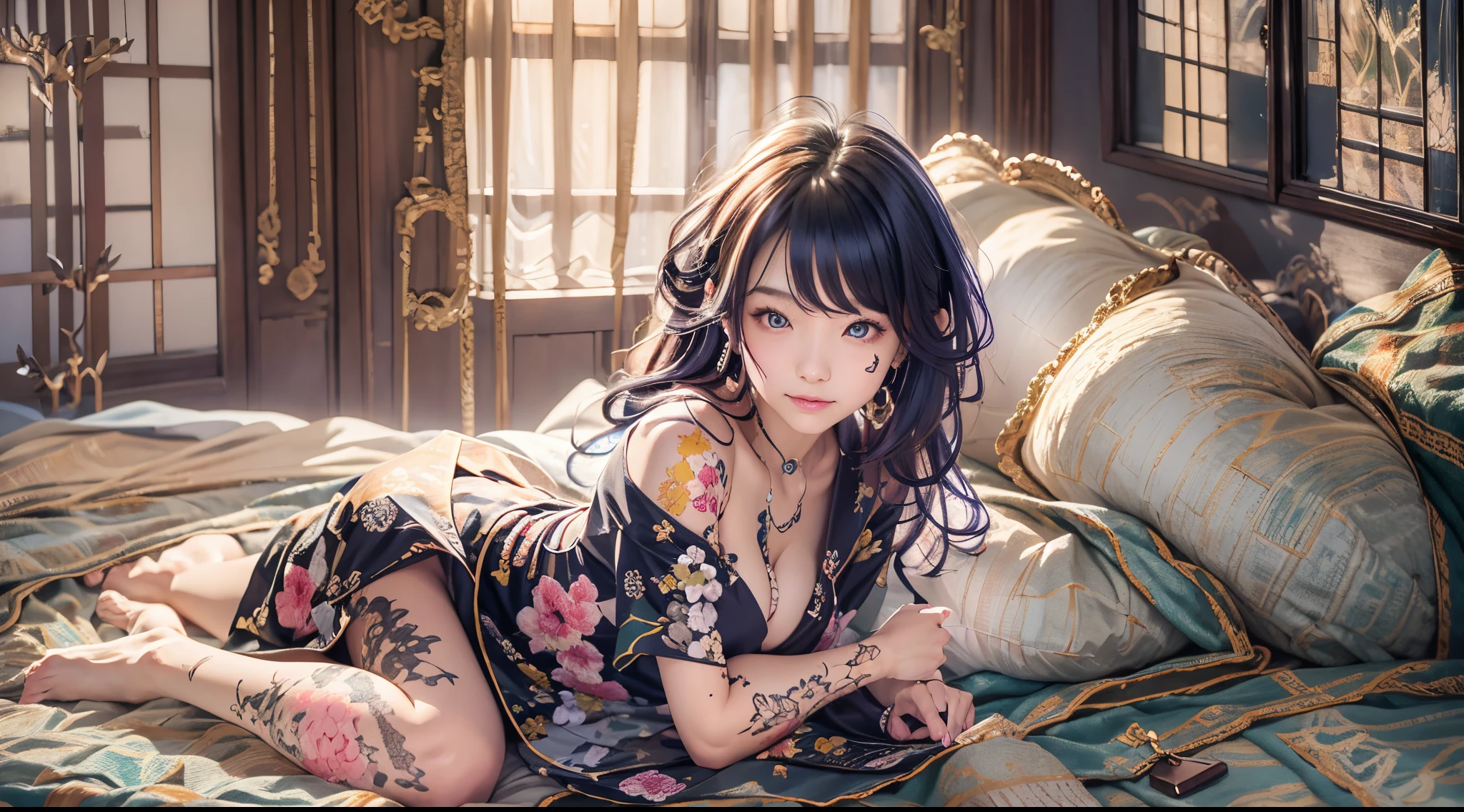 Full body like,fully tattooed,,Kimono,kyoto,High class prostitute lying down,Wandering girl,The face is very beautiful、No tattoos on the face、I have beautiful skin、Rubbing your,grabbing on breasts,Hairstyle random drawing,hair color random,Full body,,orientalism,buzzed、fractal light、,1 female,,japanese kimono,,Underwear,,Tattoo on the Japan,,lots of black tattoos,,,Glossy makeup,,Sweaty skin,,very wet hair,,drawing faithfully,,detail up,,Big eyes,,Colored inner hair,,high_Definition,,Best Quality,,Shiny skin,,Seductive smile,,upward-eyed,,,large earring,Best Quality,,4K_quality,,high_Definition,,Dramatic Lighting,,cinematic quality,,detail up,,Intricate details:1.2,,超A high resolution,,