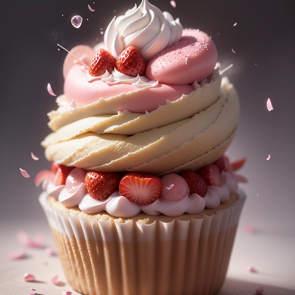 Delicious cupcake - strawberry cupcake, profusion flower blossoms, sugar crystals, creamy, sweet, indulgent, fruit, tasty, whipped cream, icing, decadent, strawberries, (masterpiece:1.1), (highest quality:1.1), (HDR:1.0), (ultra-detailed), cupcake, pink sprinkles, decorated, pink drizzle, food photography, detailed, realistic, 8k uhd, high quality, RAW photo, professional color grading, soft shadows, no contrast, clean sharp focus,