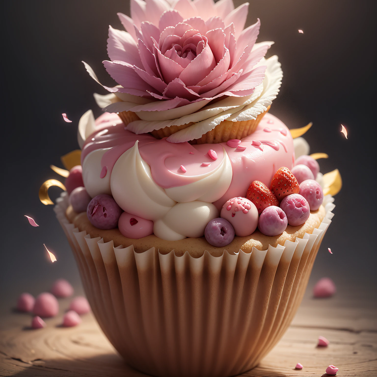Delicious cupcake - strawberry cupcake, profusion flower blossoms, sugar crystals, creamy, sweet, indulgent, fruit, tasty, whipped cream, icing, decadent, strawberries, (masterpiece:1.1), (highest quality:1.1), (HDR:1.0), (ultra-detailed), cupcake, pink sprinkles, decorated, pink drizzle, food photography, detailed, realistic, 8k uhd, high quality, RAW photo, professional color grading, soft shadows, no contrast, clean sharp focus,