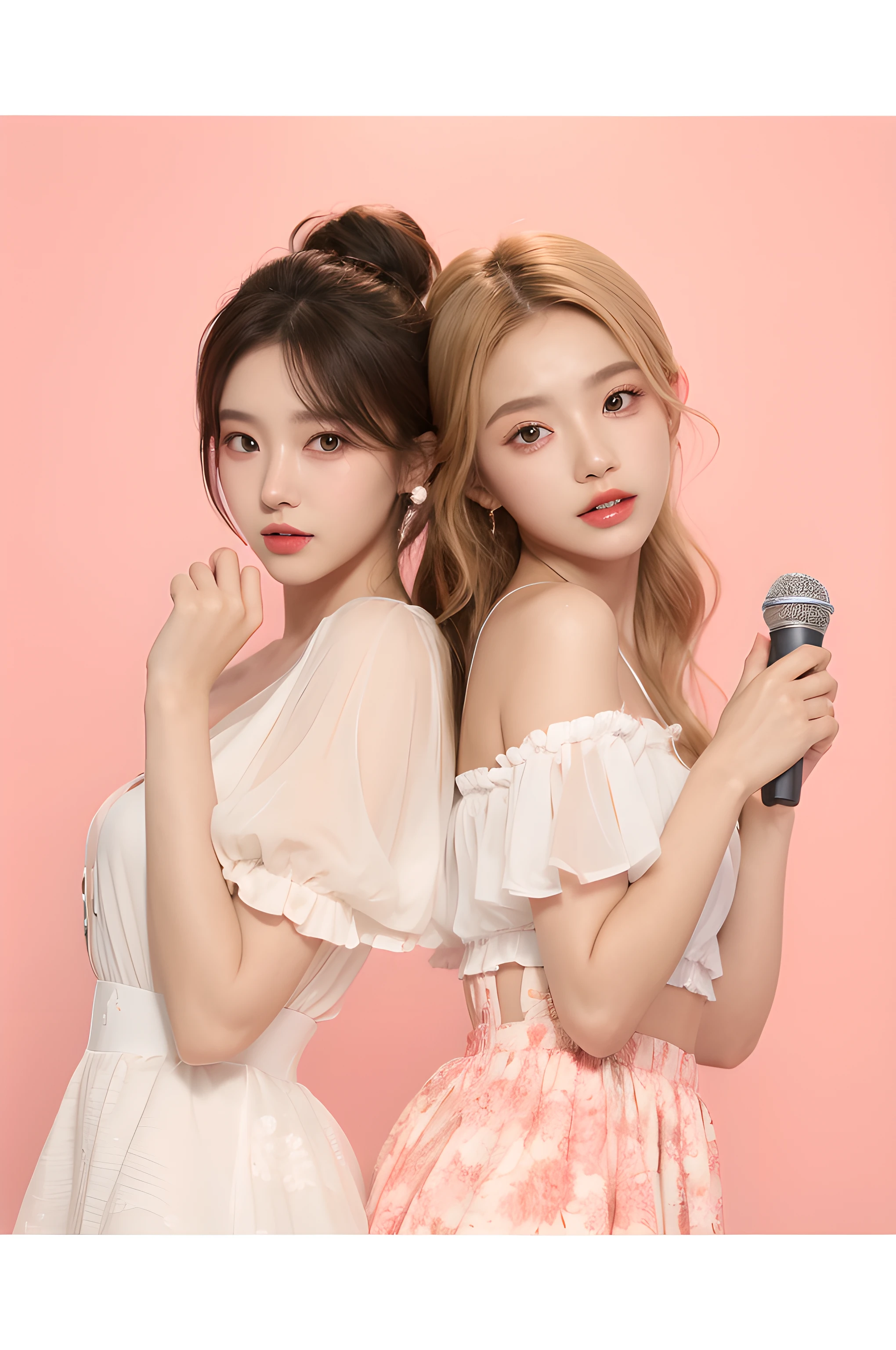 Two young women in skirts posing for photo with microphone, Nikos and Sakimicchan, Popular Korean makeup, Official artwork, Popular Korean makeup, Studio close-up photo, Popular topics on cgstation, 韓国アイドル, inspired by Yanjun Cheng, WLOP and Sakimichan, twincest, Portrait of a Korean female idol, yanjun chengt