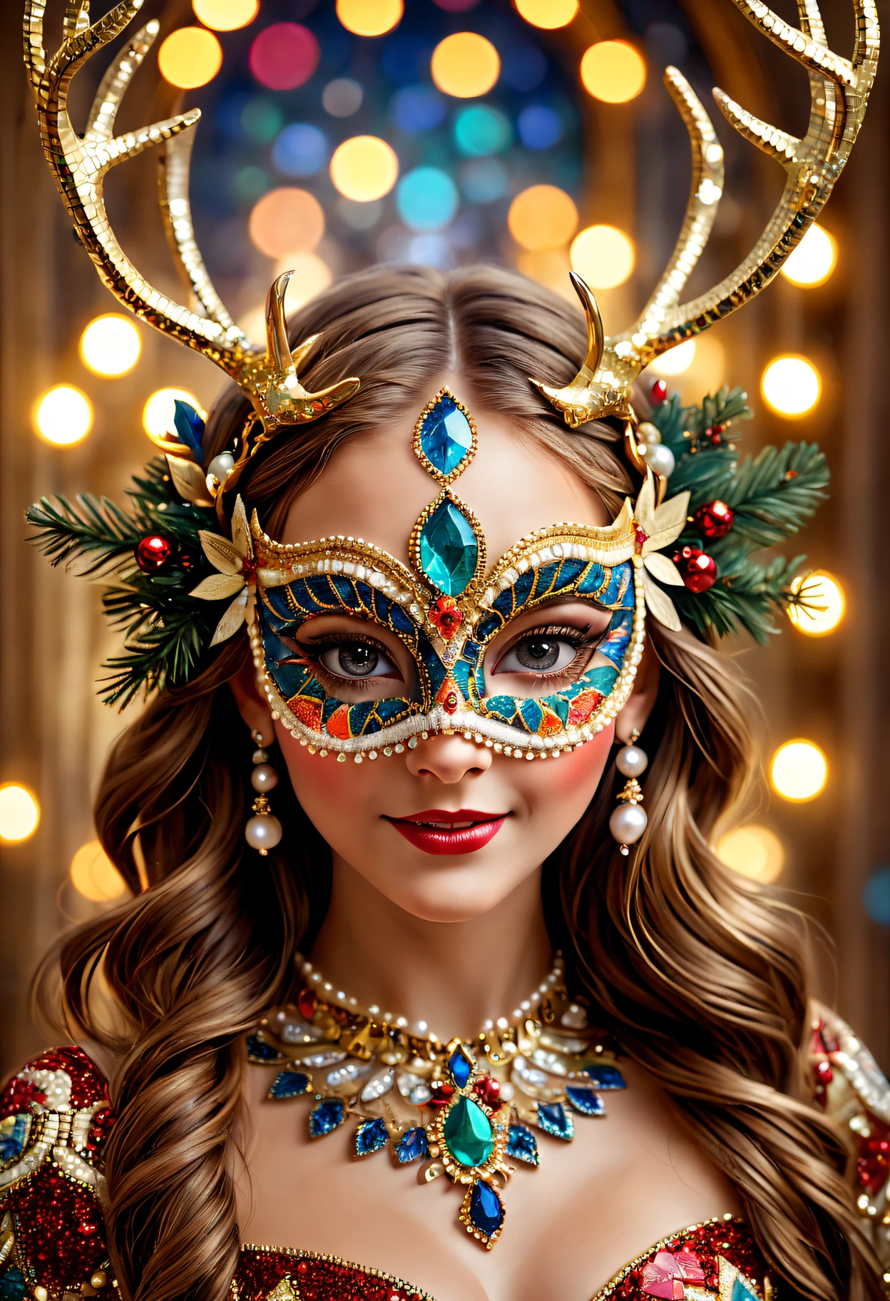 (Mosaic Christmas mask),one-girl,sparkling and delicate eyes,beautiful detailed lips,feater,extremely detailed eye,Cute antlers headdress ,A festive smile, pearls necklace,Golden mosaic pattern on mask, Exquisite craftsmanship, Complex design, vibrant paint palette, hight contrast, Focus sharp, Gloss finish, Impressive artistry, Festive atmosphere, Intricate mosaic tiles, ornate decoration, magical lighting. (Best quality at best,4K,8K,A high resolution,tmasterpiece:1.2),ultra - detailed,(actual,realisticlying,Photorealistic:1.37),sportrait,mosaic art,Christmas celebrations,Festive colors,Shine with charm,Holiday spirit,flashing lights,Colorful ornaments.