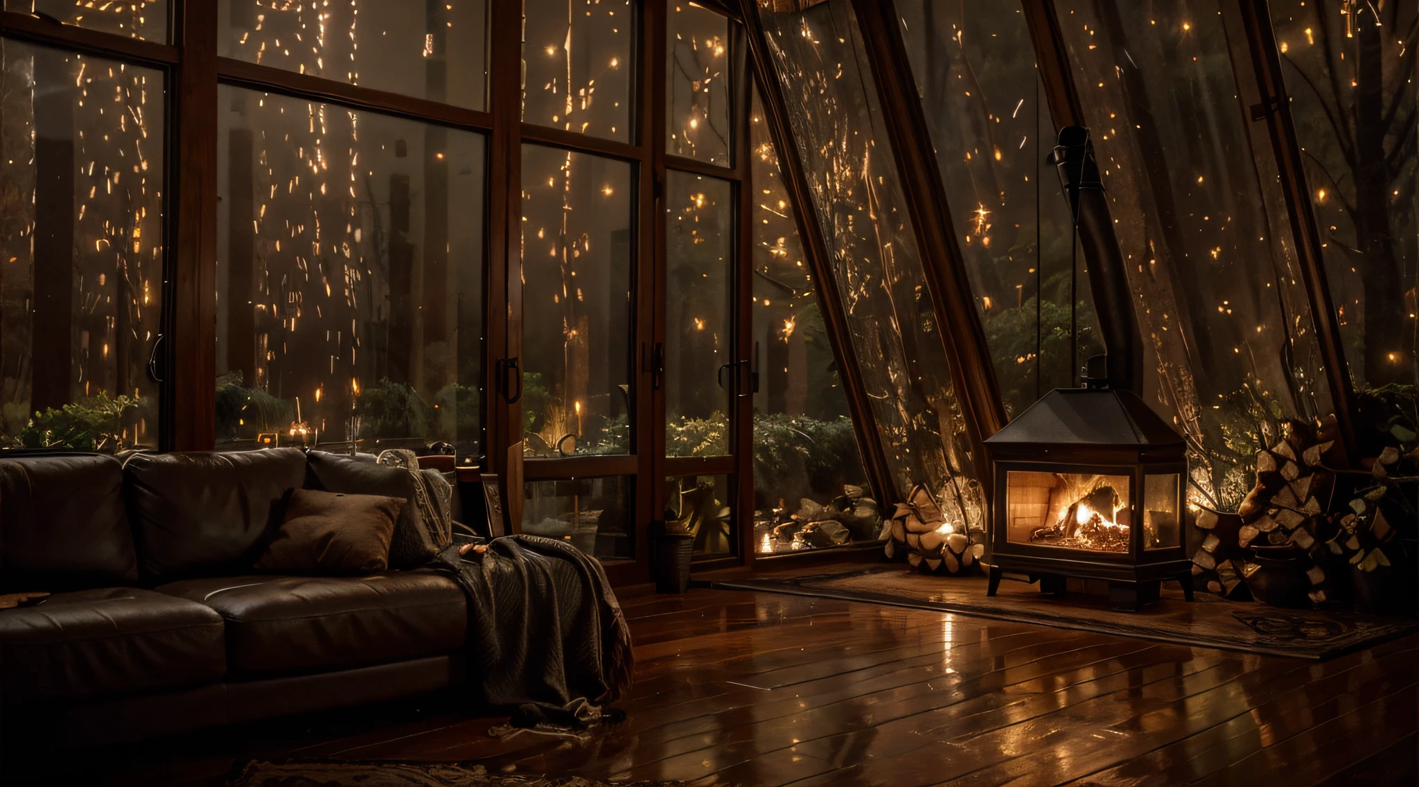 a dimly lit room with a fireplace and a couch in front of a window, cozy wallpaper, rainy night, cozy place, rainy evening, cozy atmospheric, rain aesthetic, cozy home background, rainy mood, inside on a rainy day, raining at night, cozy night fireflies, large windows to forest at night, rainy and gloomy atmosphere, rainy and wet atmosphere