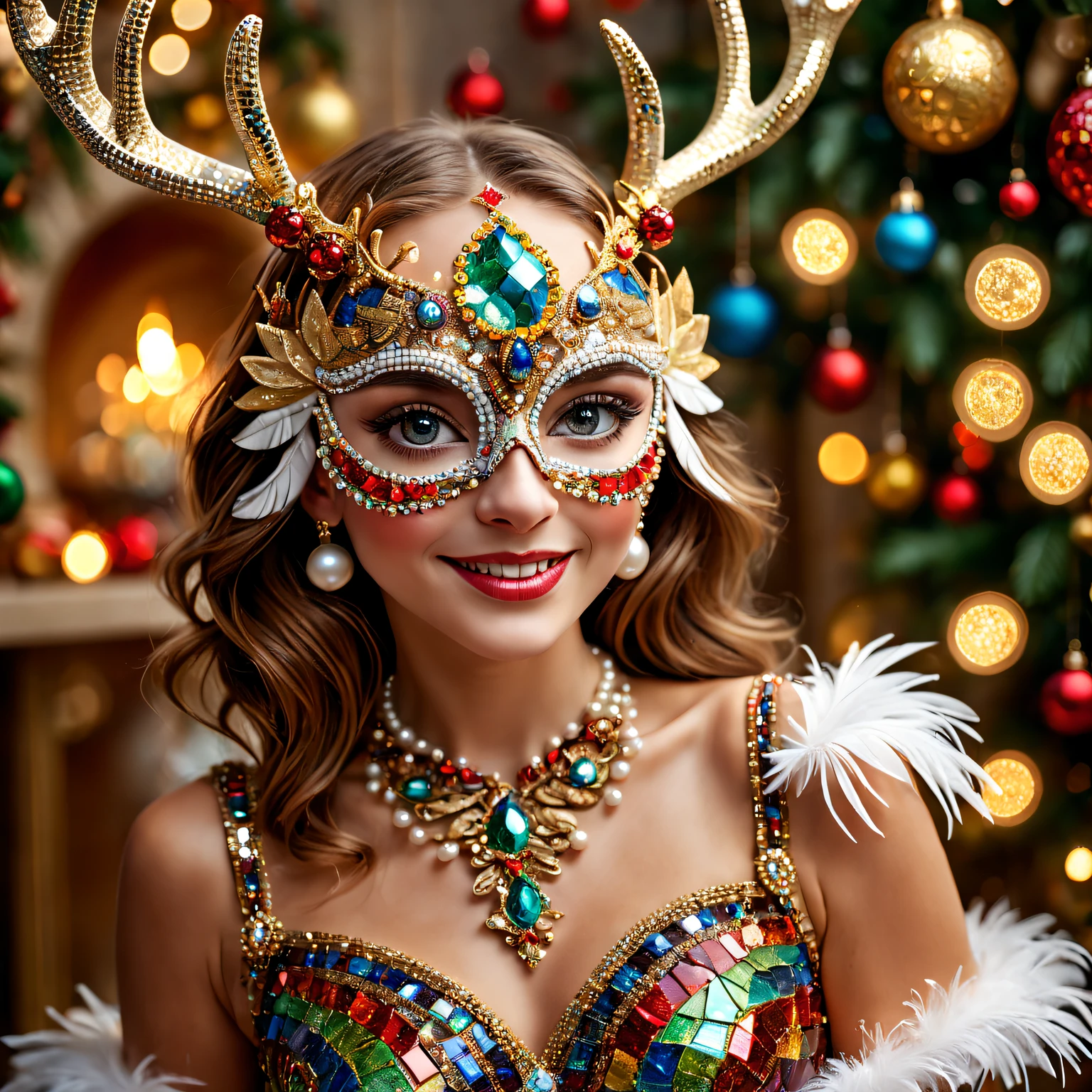 (Mosaic Christmas mask),one-girl,sparkling and delicate eyes,beautiful detailed lips,feater,extremely detailed eye,Cute antlers headdress ,A festive smile, pearls necklace,Golden mosaic pattern on mask, Exquisite craftsmanship, Complex design, vibrant paint palette, hight contrast, Focus sharp, Gloss finish, Impressive artistry, Festive atmosphere, Intricate mosaic tiles, ornate decoration, magical lighting. (Best quality at best,4K,8K,A high resolution,tmasterpiece:1.2),ultra - detailed,(actual,realisticlying,Photorealistic:1.37),sportrait,mosaic art,Christmas celebrations,Festive colors,Shine with charm,Holiday spirit,flashing lights,Colorful ornaments.