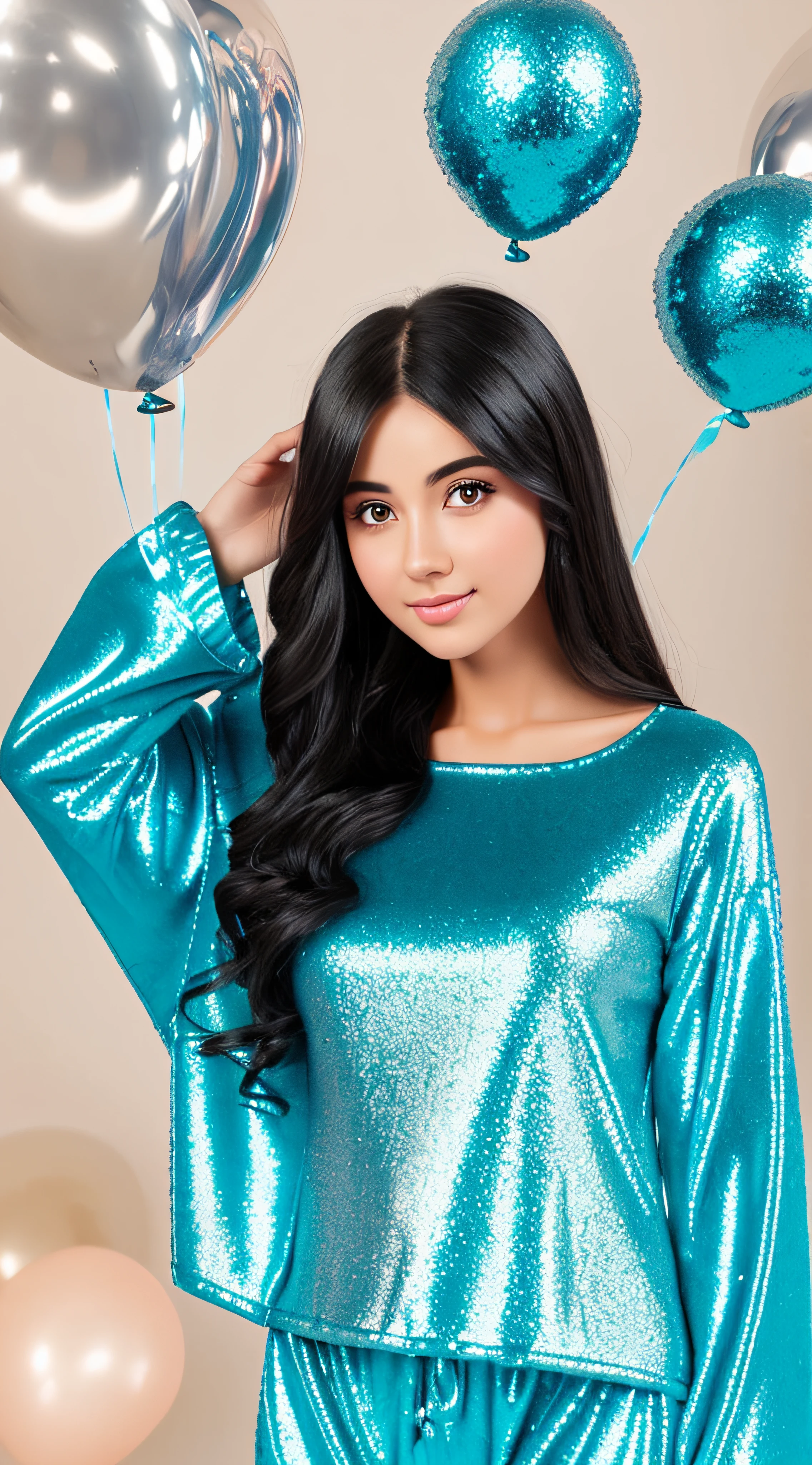 sparkling diamonds on a beautiful girl,realistic dark-haired girl is beautiful as a model,black  hair,the wind takes the girl away&#39;hairsh,in fluffy wool azure pajamas,and with balloons ,and a gradient liquid from turquoise to cream flows down them ,the liquid looks like jam,hiquality,HIGH DETAIL 32k