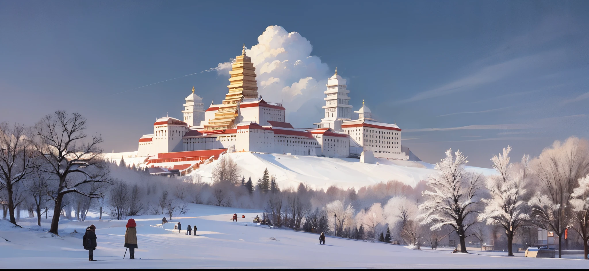 In winter, snow falls over the Potala Palace, bathed in the evening sun. Below the Potala Palace, there are people engaging in prayers and others enjoying tea on the square. --auto --s2