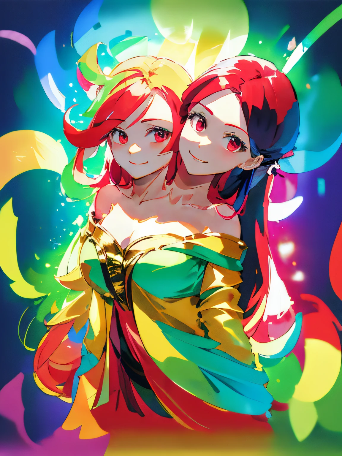 (masterpiece, best quality), best resolution, (2heads:1.5), (chromatic aberration, floating, space), ((1girl, (mature female) long hair)), (looking at viewer, light smile, off shoulder, upper body, colorful, galaxy),