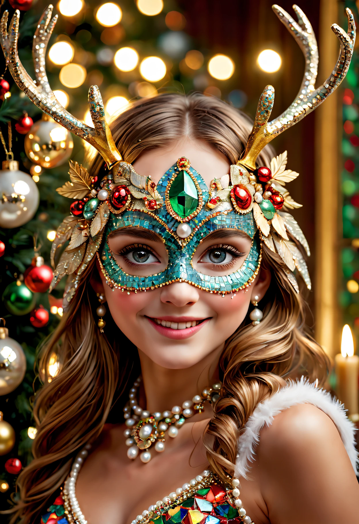 (Mosaic Christmas mask),one-girl,sparkling and delicate eyes,beautiful detailed lips,feater,extremely detailed eye,Cute antlers headdress ,A festive smile, pearls necklace,Golden mosaic pattern on mask, Exquisite craftsmanship, Complex design, vibrant paint palette, hight contrast, Focus sharp, Gloss finish, Impressive artistry, Festive atmosphere, Intricate mosaic tiles, ornate decoration, magical lighting. (Best quality at best,4K,8K,A high resolution,tmasterpiece:1.2),ultra - detailed,(actual,realisticlying,Photorealistic:1.37),sportrait,mosaic art,Christmas celebrations,Festive colors,Shine with charm,Holiday spirit,flashing lights,Colorful ornaments.