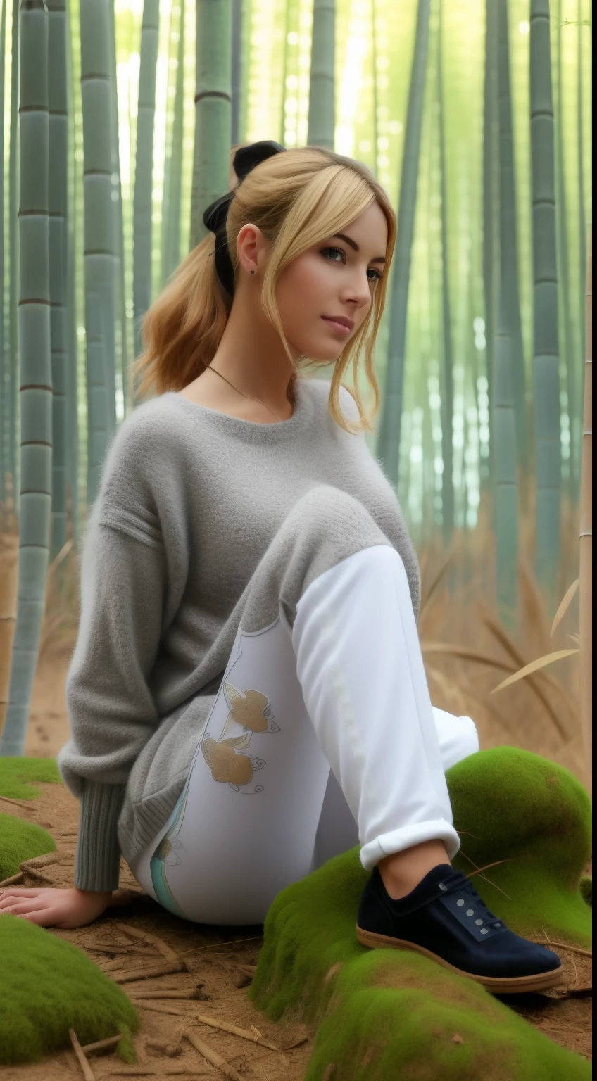 Una prechica，Mirando a Viewert，Tight sweater，jeans ajustados，phtograph, Realista, La mejor calidad en el mejor de los casos， Cara detallada，ojos detallados，Sitting on a mossy ground in a bamboo forest， fuzzy lighting, Profundidad de campos