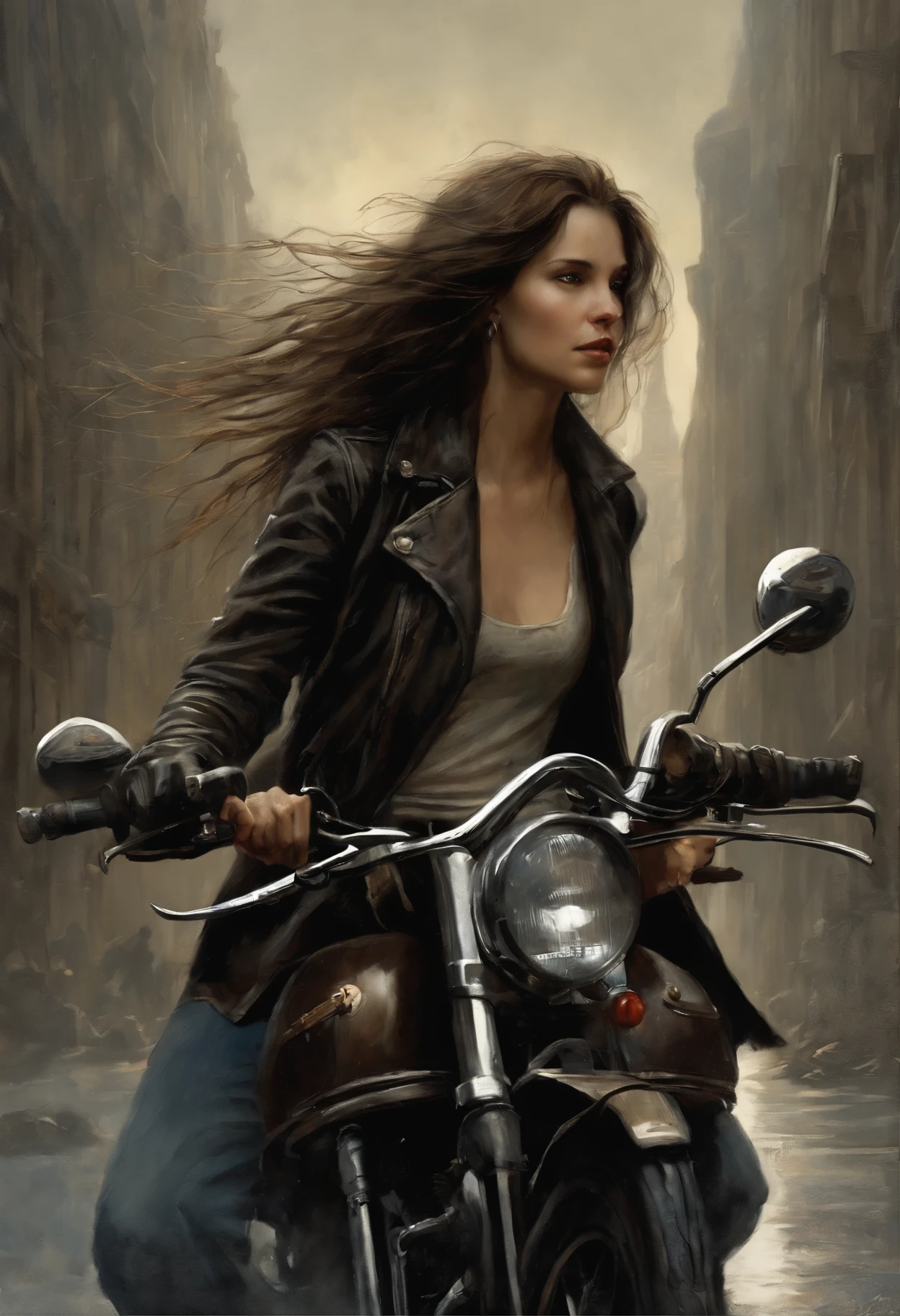 真实感, dark fantasy style, John Tolkien style, Small painting by Jean-Baptiste Monge, Soft facial features, Rocker Girl, looking at away, Long wavy dark hair, hair blowing in wind, In a short dark leather jacket....., Jeans, predatory nature, Standing next to a motorcycle, rain is dripping, The city, megalopolis, city trail, big house, glass skyscraper Jean-Baptiste Monge, anthropomorphic --ar 2:3 --testp -optimistic;