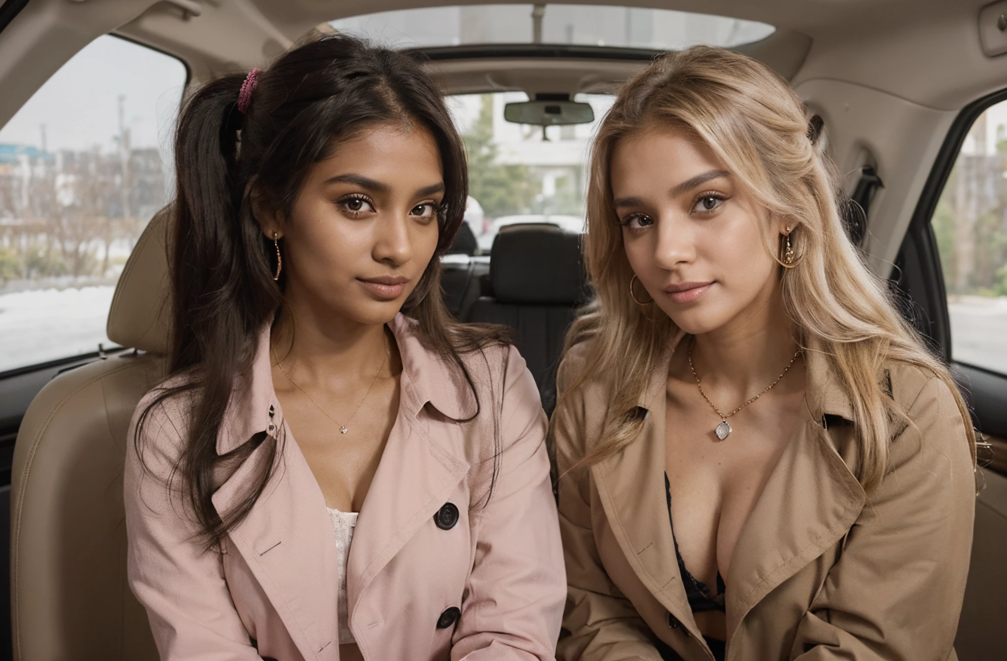 (Full size view:1.4), 22-year-old dark Sri Lankan woman named Kasuni and, her pure white Canadian mother blonde named Celestia,  (Sitting in the rear seat, luxury car), smiling at camera, (detailed background) (( Celestia is a white Canadian blonde 48-year-old woman, aged look)), ((Kasuni is 22-year-old, solid black long ponytail hair, dark fair skin)), ultra-realistic photo, feminine features, (both have same facial components), ((Pink color winter trench Coats, jewelry))