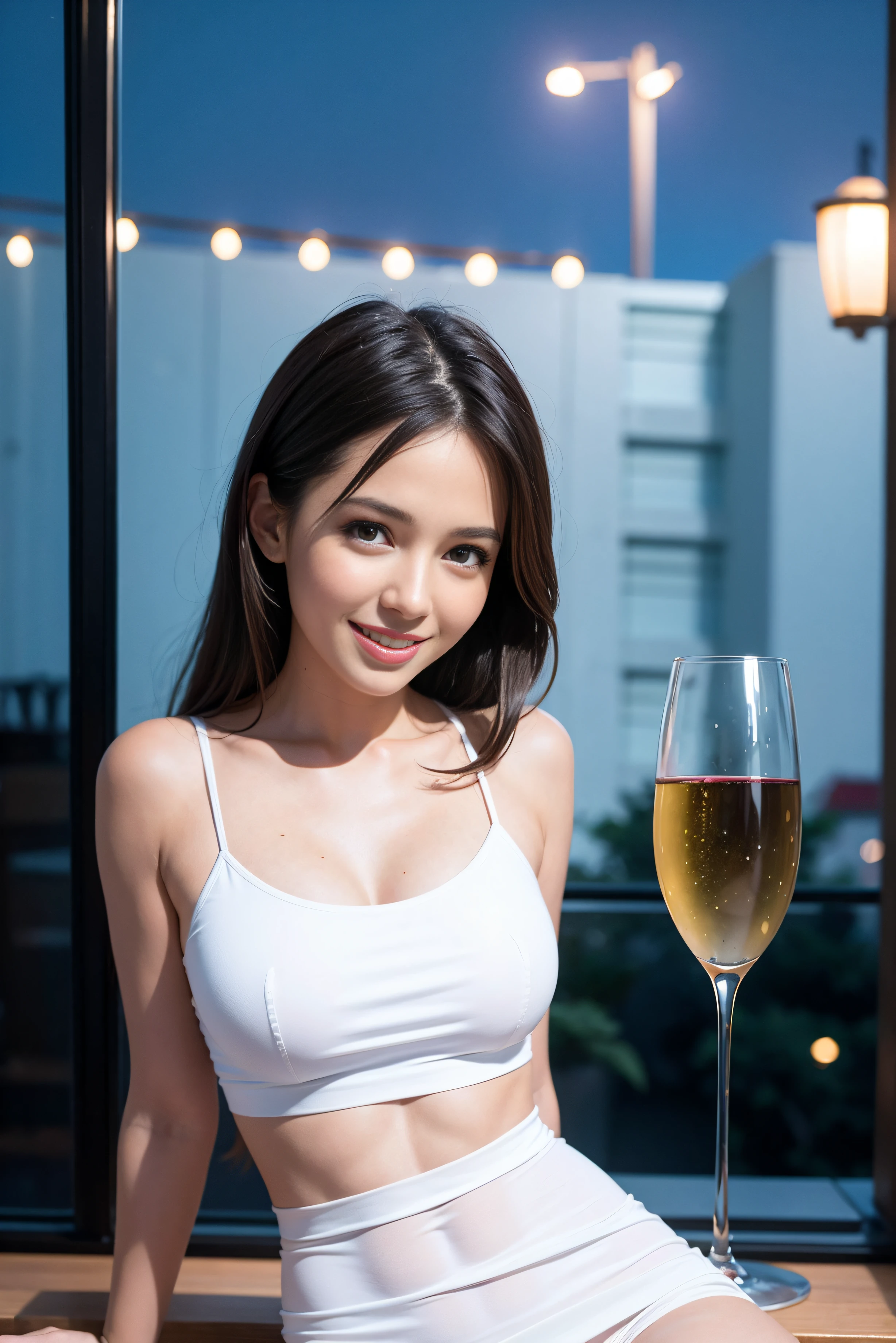 (64k uhd, nffsw, of the highest quality, masutepiece: 1.2), (Realistic, Photorealistic: 1.37), 1 pretty woman, (Slim Face), (Slim body), (Brown hair), (short-cut), cheeks blush a little, (44 years old), 38 years, Solo, A beautiful and detailed night view spreads out outside the window..., restaurant, Sitting in a wine glass, At night, Nova frog style in prominent places, actress, Model, waist-up, white wine, slim, wine glasses, Super clean night view, Wine glass placed in the middle, Happy smile, (Smile: 1.15), Beautiful fine eyes, Upper body, Bust Japan Up, Night, Short, Short, actress, Model, waist-up, white wine, slim, wine glasses, Super clean night view, Wine glass placed in the middle, Happy smile,