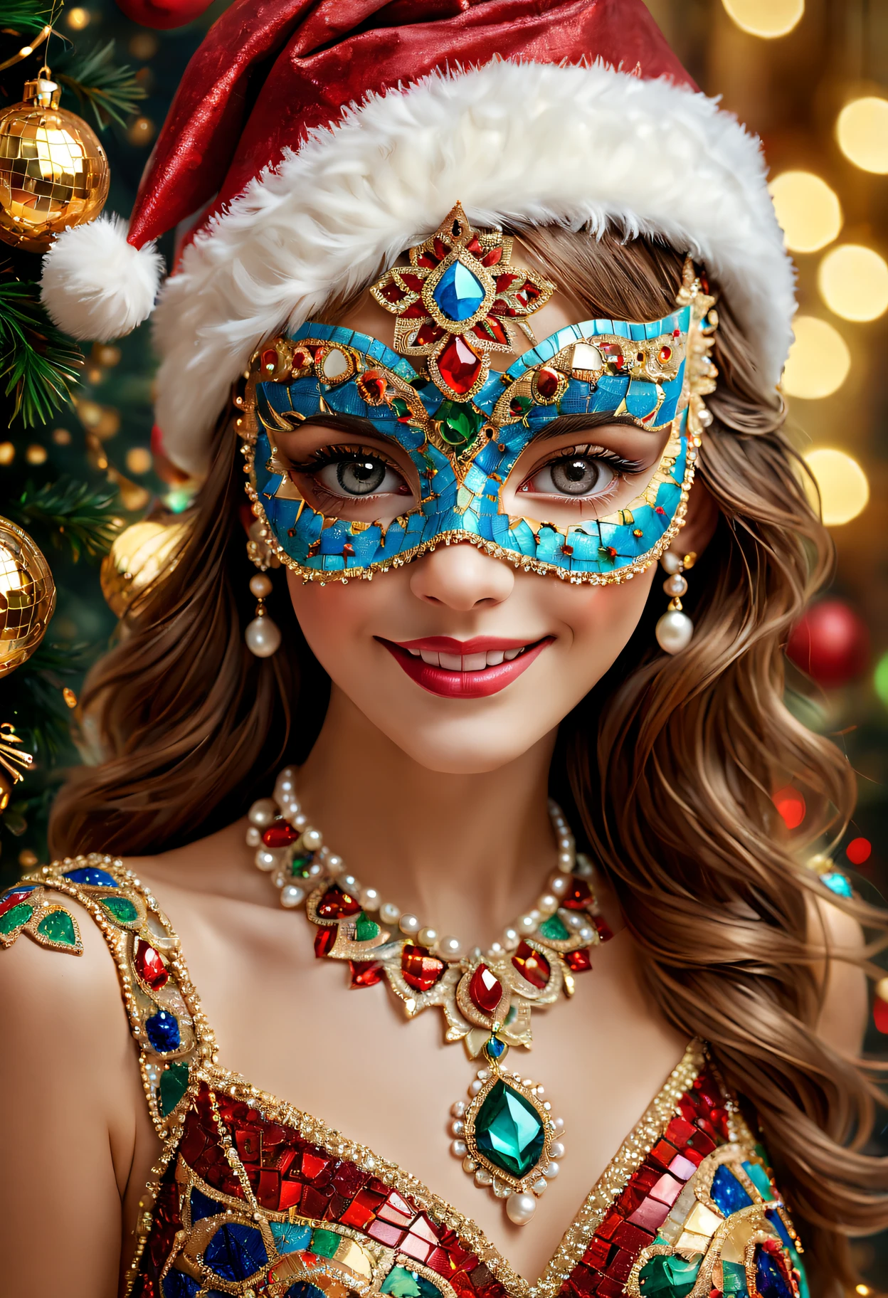 (Mosaic Christmas mask),one-girl,sparkling and delicate eyes,beautiful detailed lips,feater,extremely detailed eye, santa hat,A festive smile, pearls necklace, Golden mosaic pattern on mask, Exquisite craftsmanship, Complex design, vibrant paint palette, hight contrast, Focus sharp, Gloss finish, Impressive artistry, Festive atmosphere, Intricate mosaic tiles, ornate decoration, magical lighting. (Best quality at best,4K,8K,A high resolution,tmasterpiece:1.2),ultra - detailed,(actual,realisticlying,Photorealistic:1.37),sportrait,mosaic art,Christmas celebrations,Festive colors,Shine with charm,Holiday spirit,flashing lights,Colorful ornaments.