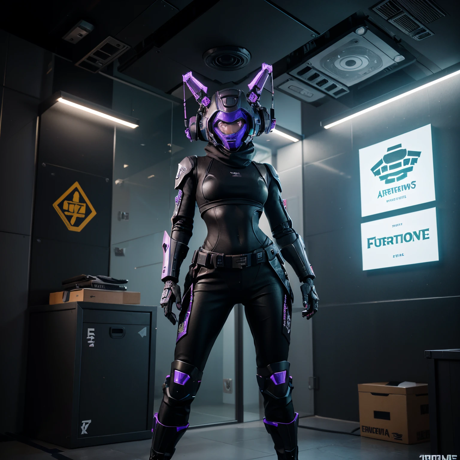 Fortnite-style robot character equipped with futuristic outfit, armas pressas a roupa