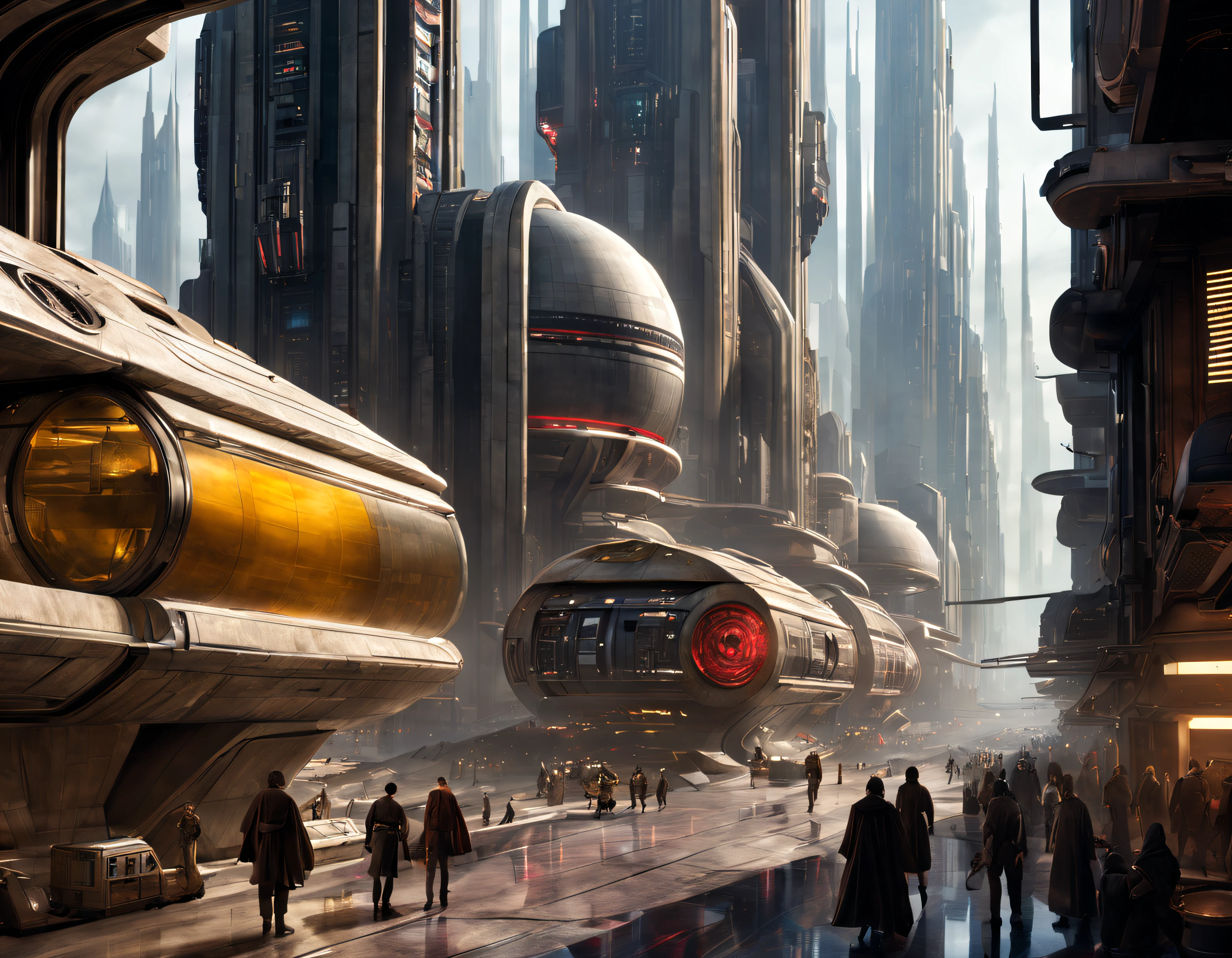 (The city of Coruscant from Star Wars as designed by Doug Chiang), futuristic fantasy city with immense buildings of technological design (que forman una avenida infinita), edificios compactor no difuminados con aspecto metalico, luces en ventanas en edificios, iluminacion diurna con sol, con estructuras acristaladas espectaculares, (con colores vivos). pavimento ensolado (sin brillo). gente paseando. imagen bien definida con muchos edificios juntos. imagen nitida bien definida 8k. los edificios llegan alta el fondo.,8k. imagen cinematografica