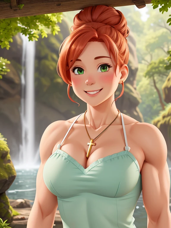 attractive welsh woman, ripped muscle, muscular body, pale skin, smile(blush), chemise, cross pendant, sixpack abs, [ultra detailed skin:1.2], ginger hair, green eyes, hair bun, 8k uhd, full body, crowd, public, forest, waterfall, standing,